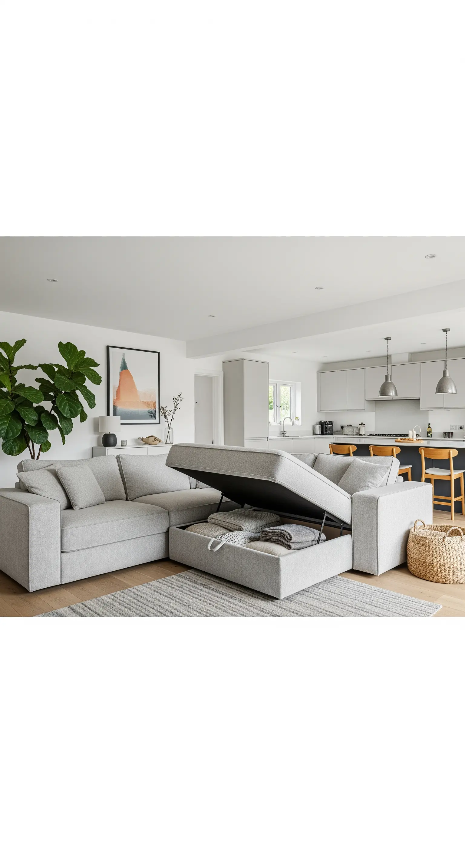 Helles Ecksofa mit aufklappbarer Chaiselongue, die Stauraum für Decken bietet.