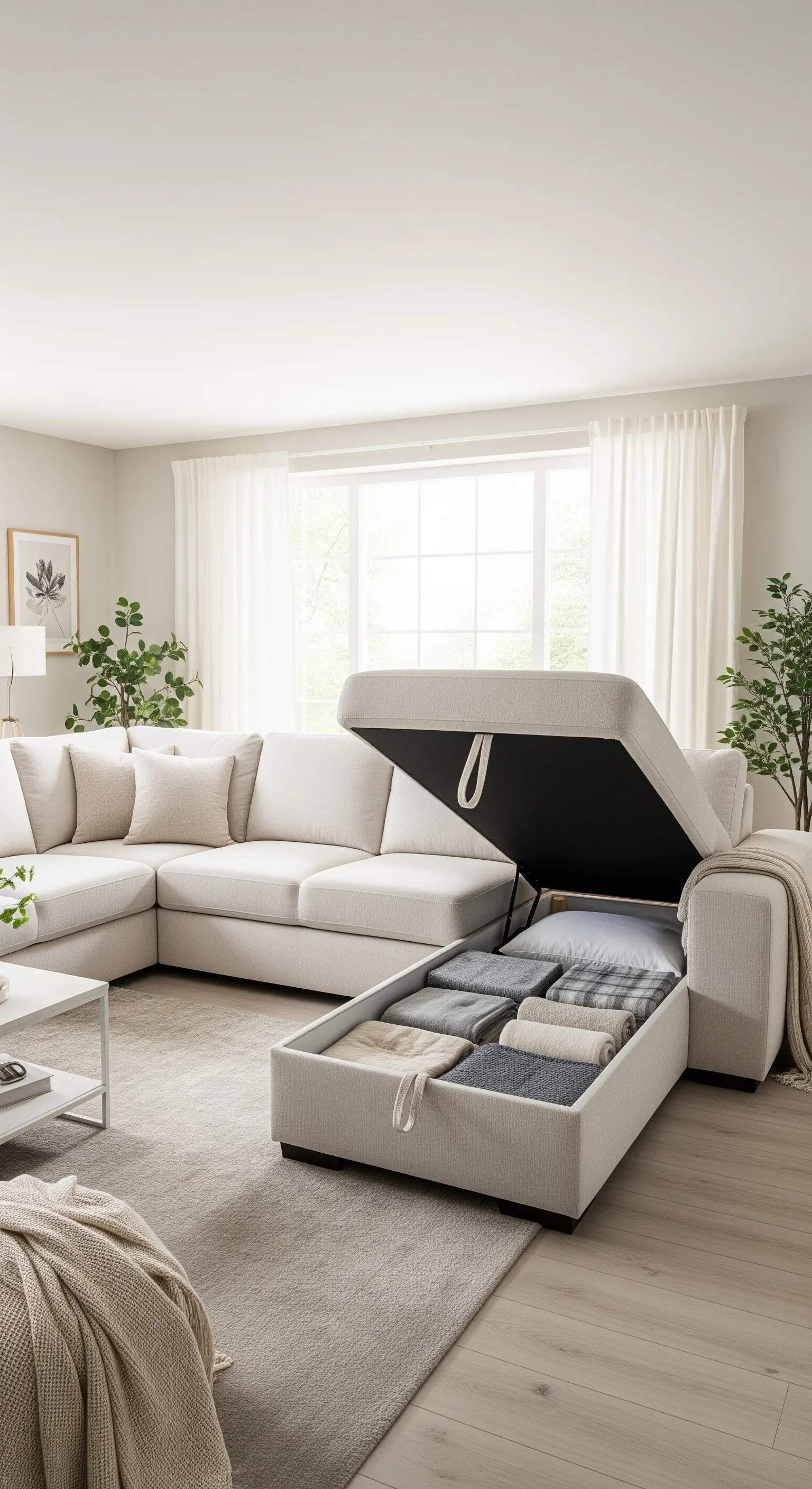 Helles Ecksofa, bei dem die Récamiere hochgeklappt ist und einen Stauraum für Decken freigibt.