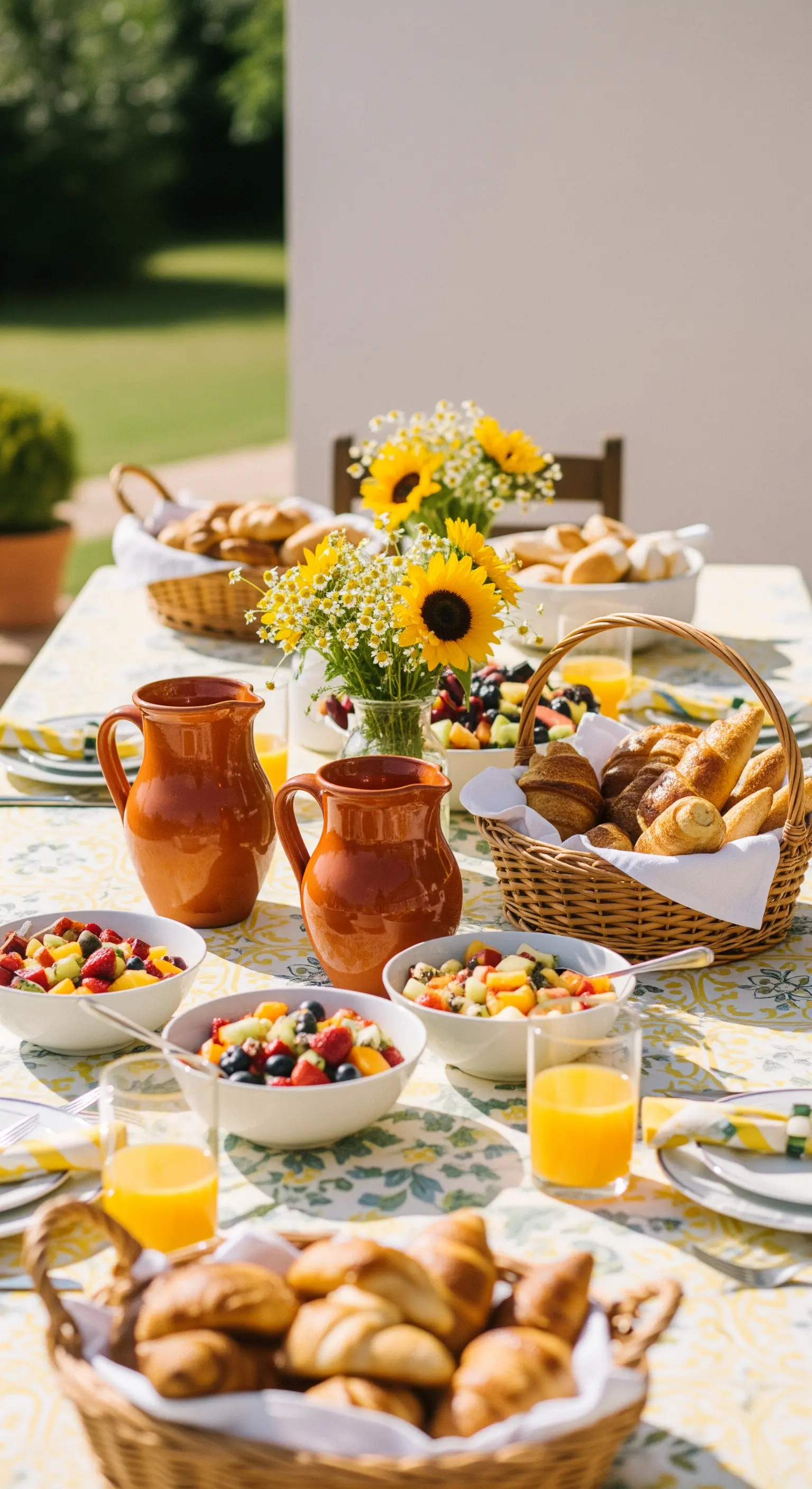 Fröhlich gedeckter Frühstückstisch im Garten mit Sonnenblumen, Obstsalat und Terrakotta-Krügen