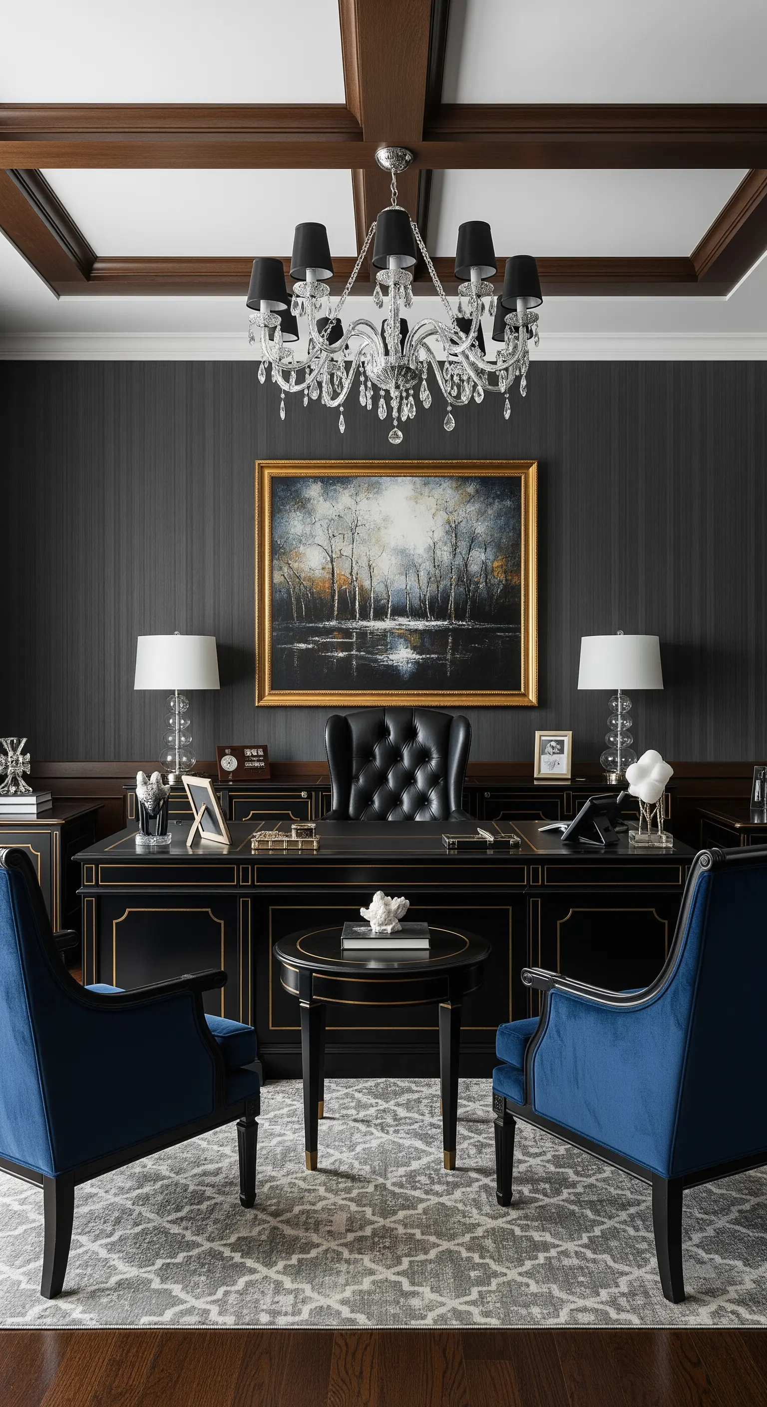 Elegantes Homeoffice mit schwarzem Schreibtisch, blauen Samtsesseln und einem Kristallleuchter