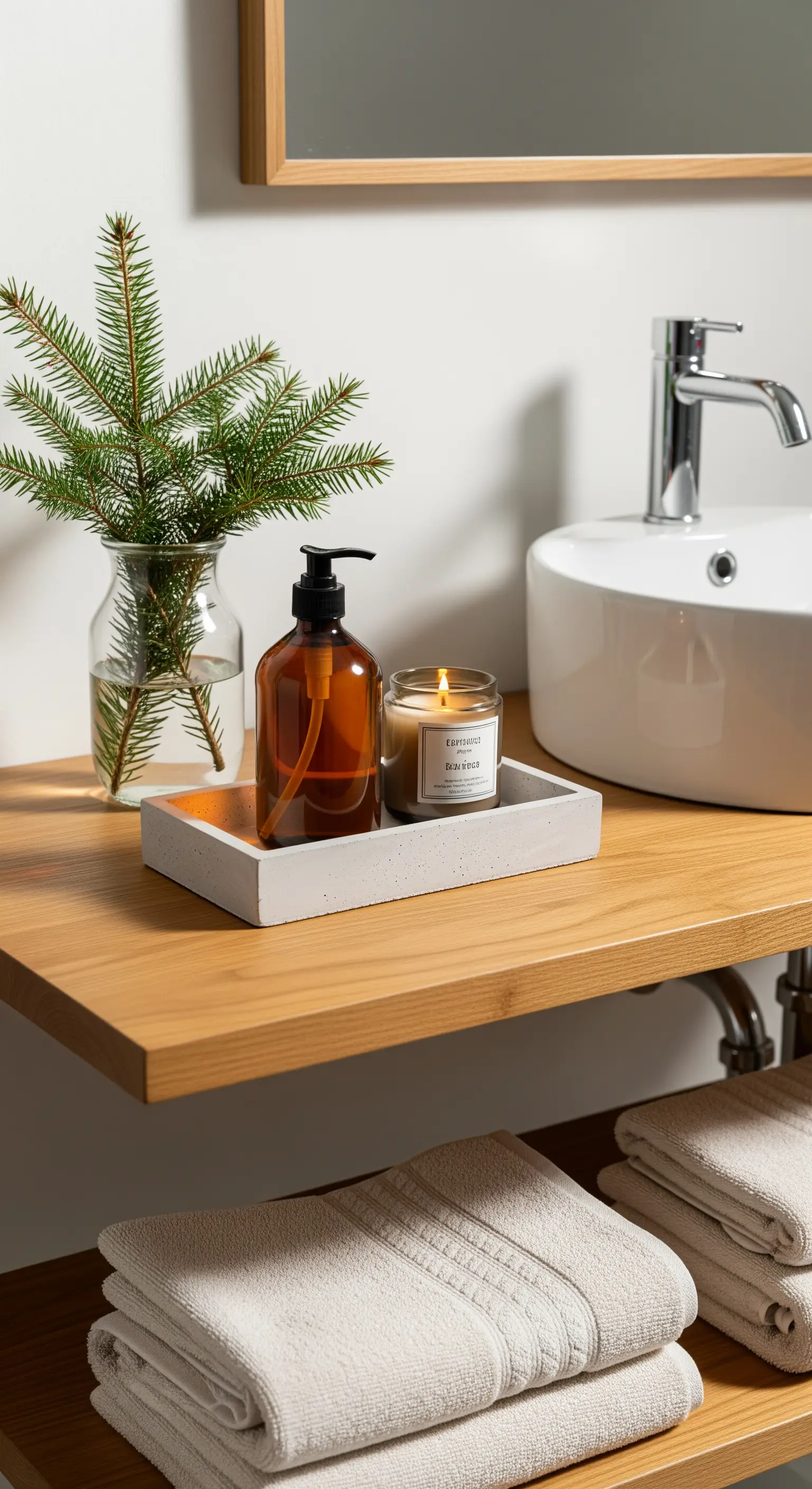 Badezimmer-Detail mit Tablett, Seifenspender, Kerze und einem Tannenzweig in der Vase.