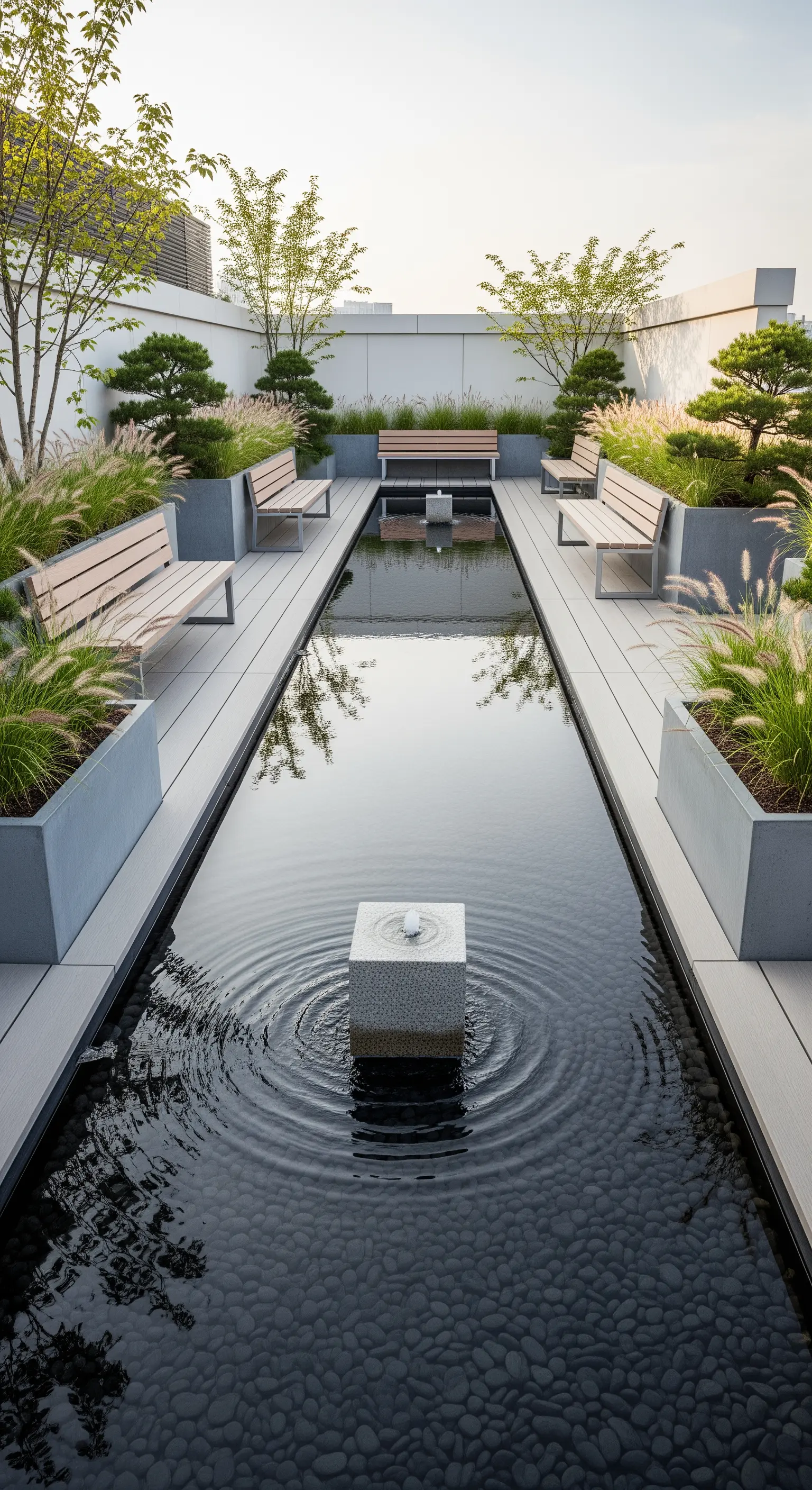Dachterrasse mit langem, schmalem Wasserbecken, das Symmetrie und Ruhe ausstrahlt.