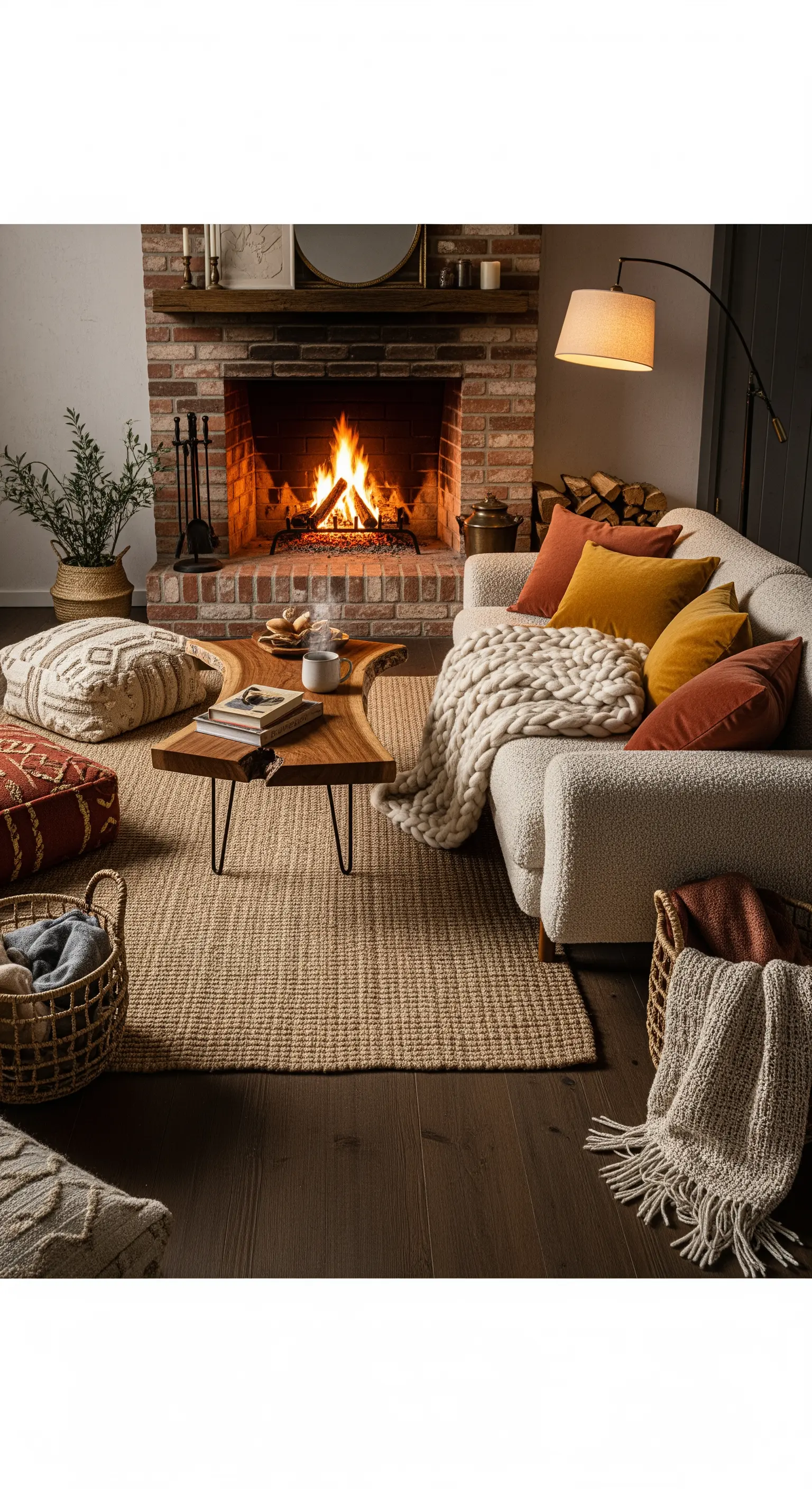 Wohnzimmer mit Kamin, Jute-Teppich und Kissen in Herbstfarben.