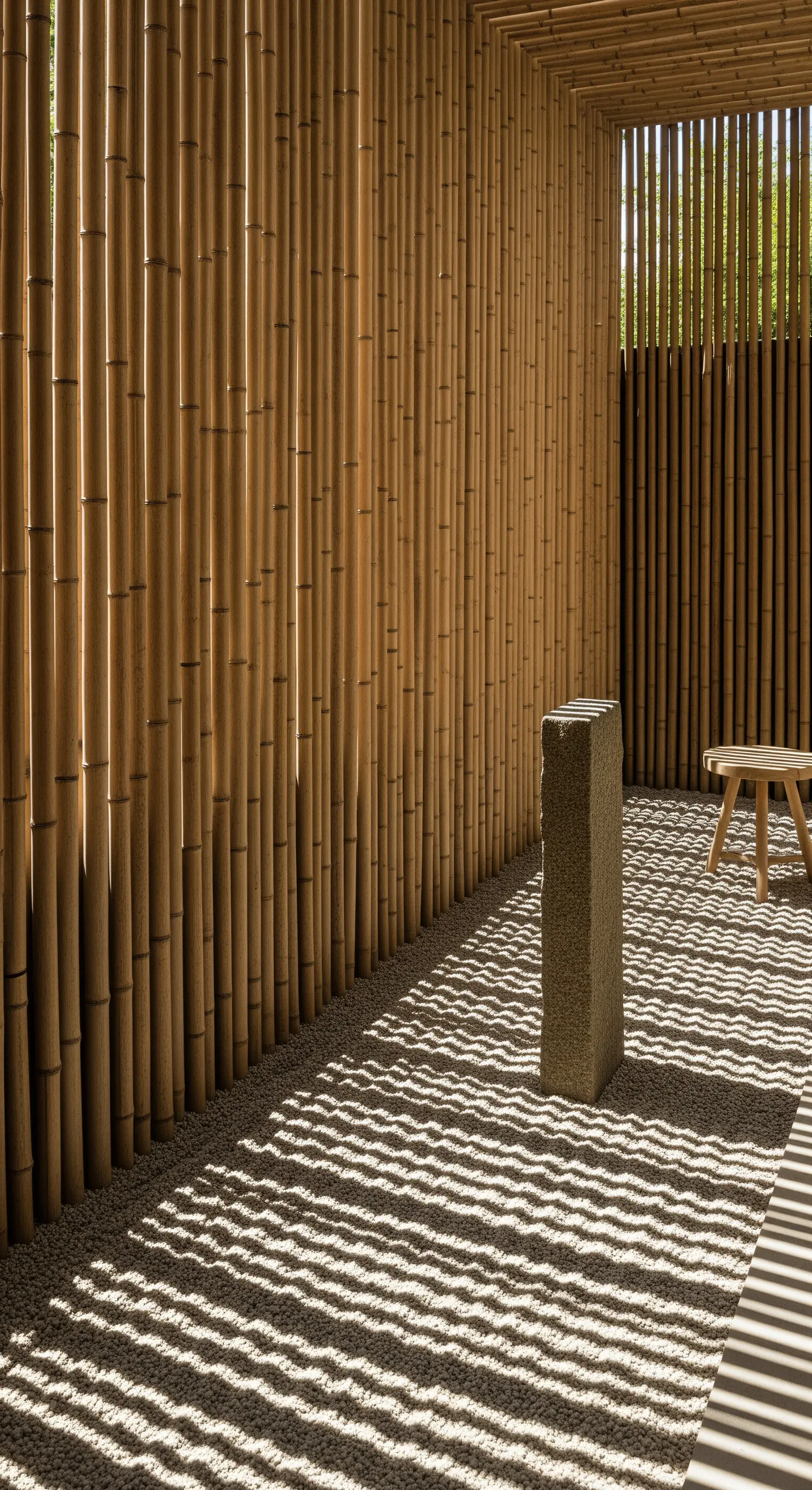 Lineare Schatten von einer Bambuswand auf einem Sand- und Kiesboden.