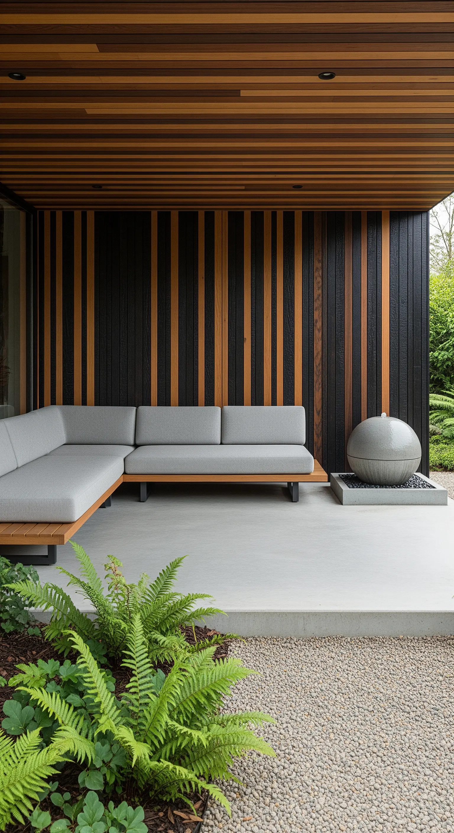 Überdachte Terrasse mit Holzlattenwand, grauem Sofa und einem runden Kugelbrunnen.