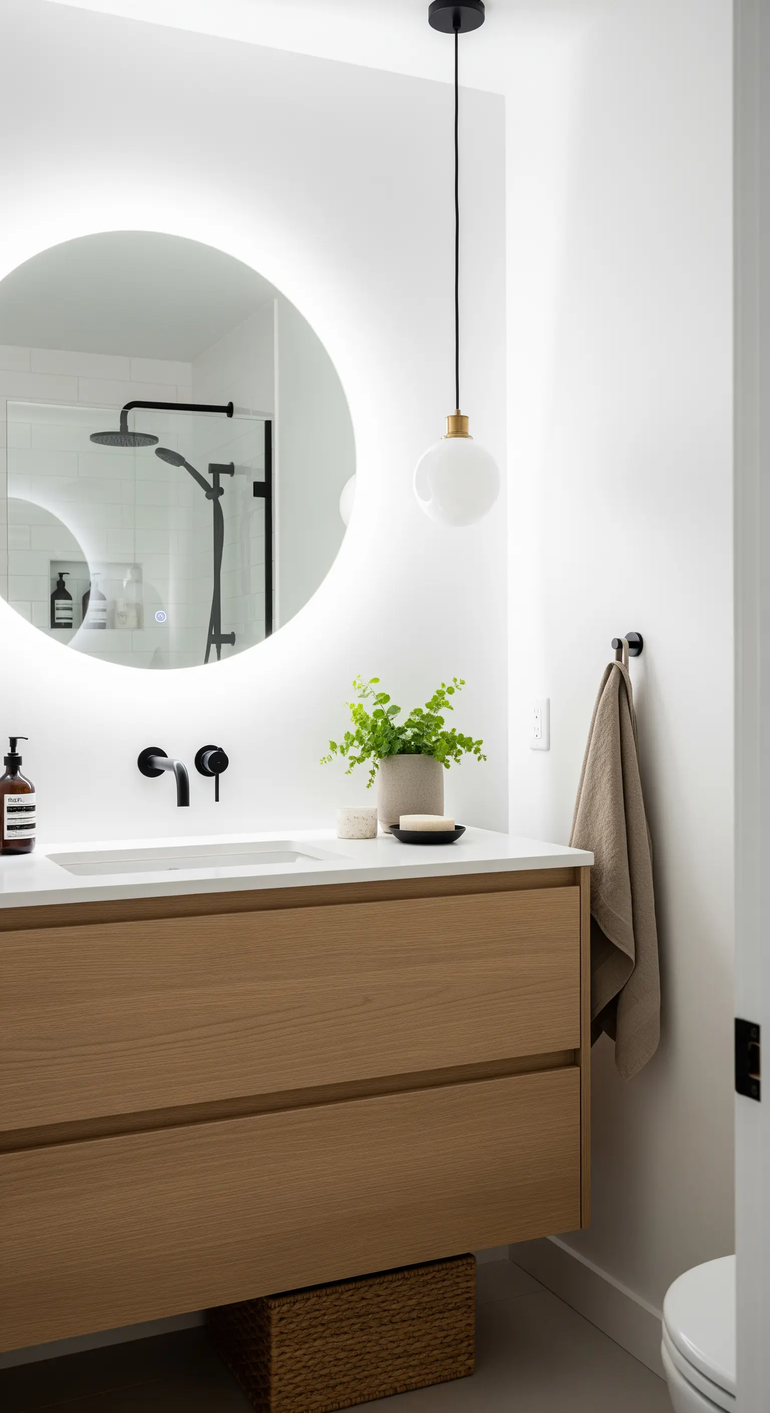 Modernes Badezimmer mit rundem, hinterleuchtetem Spiegel, Holzwaschtisch und einer Pendelleuchte.