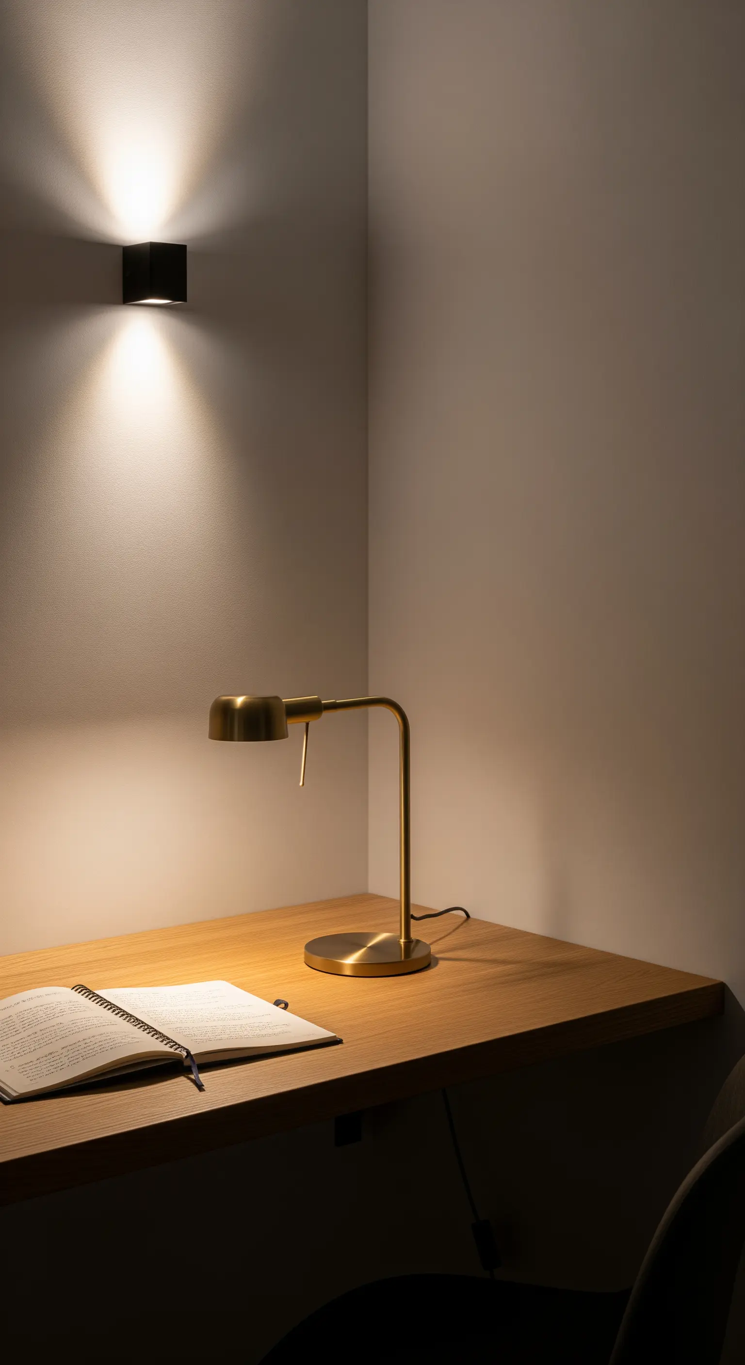 Eine Messing-Tischlampe auf einem Holzschreibtisch, ergänzt durch eine moderne Wandleuchte.