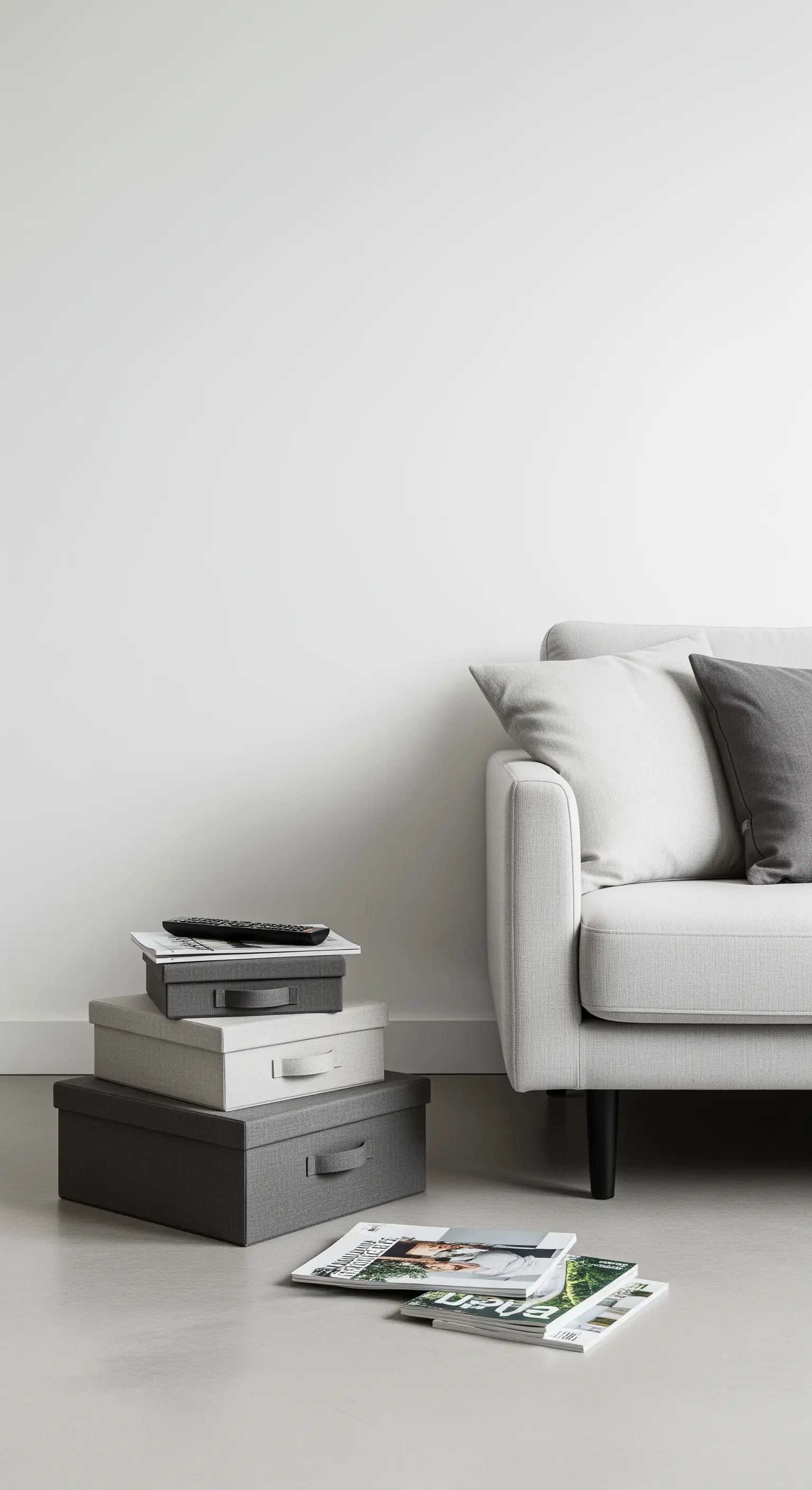 Gestapelte graue Aufbewahrungsboxen neben einem Sofa als alternativer Beistelltisch.