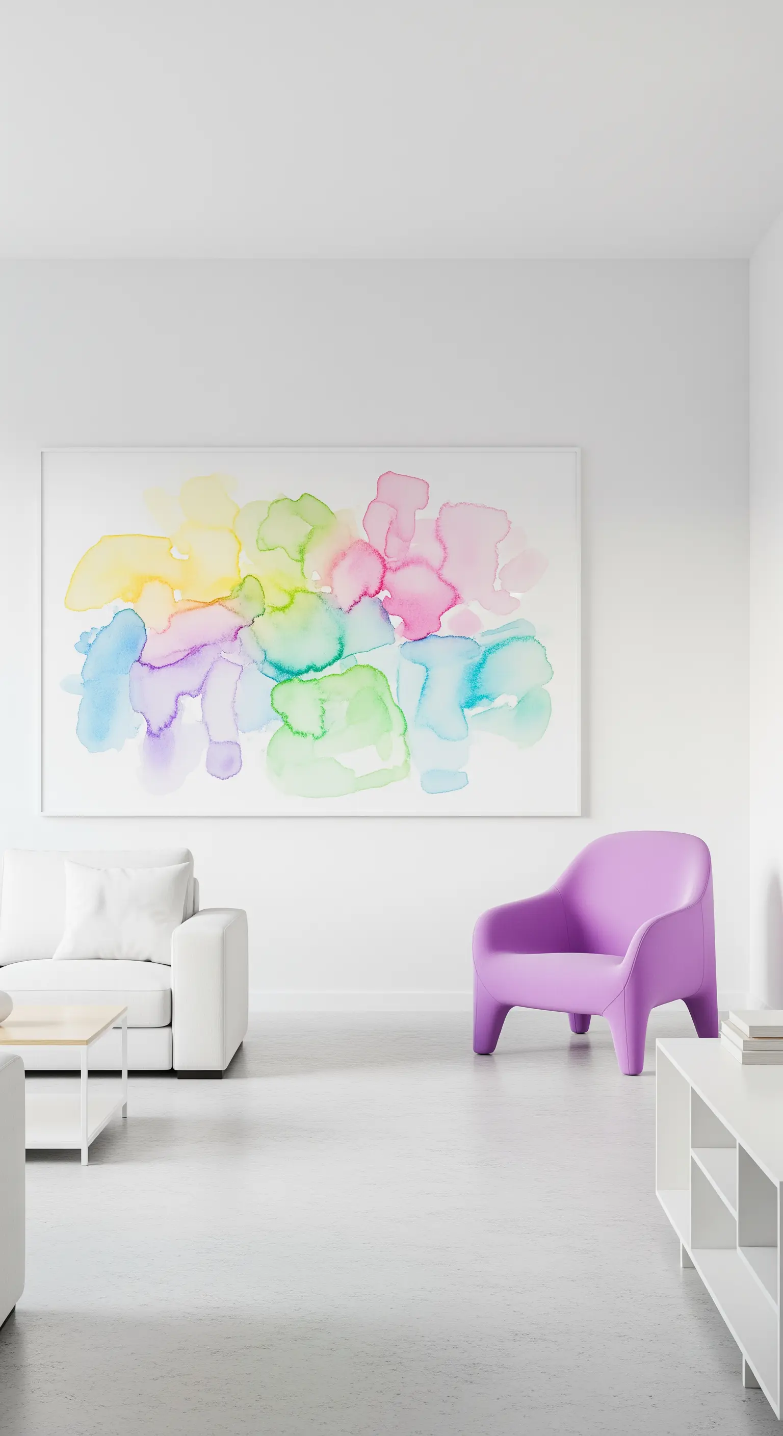 Weißes, minimalistisches Zimmer mit einem einzelnen Sessel in kräftigem Violett als Blickfang.