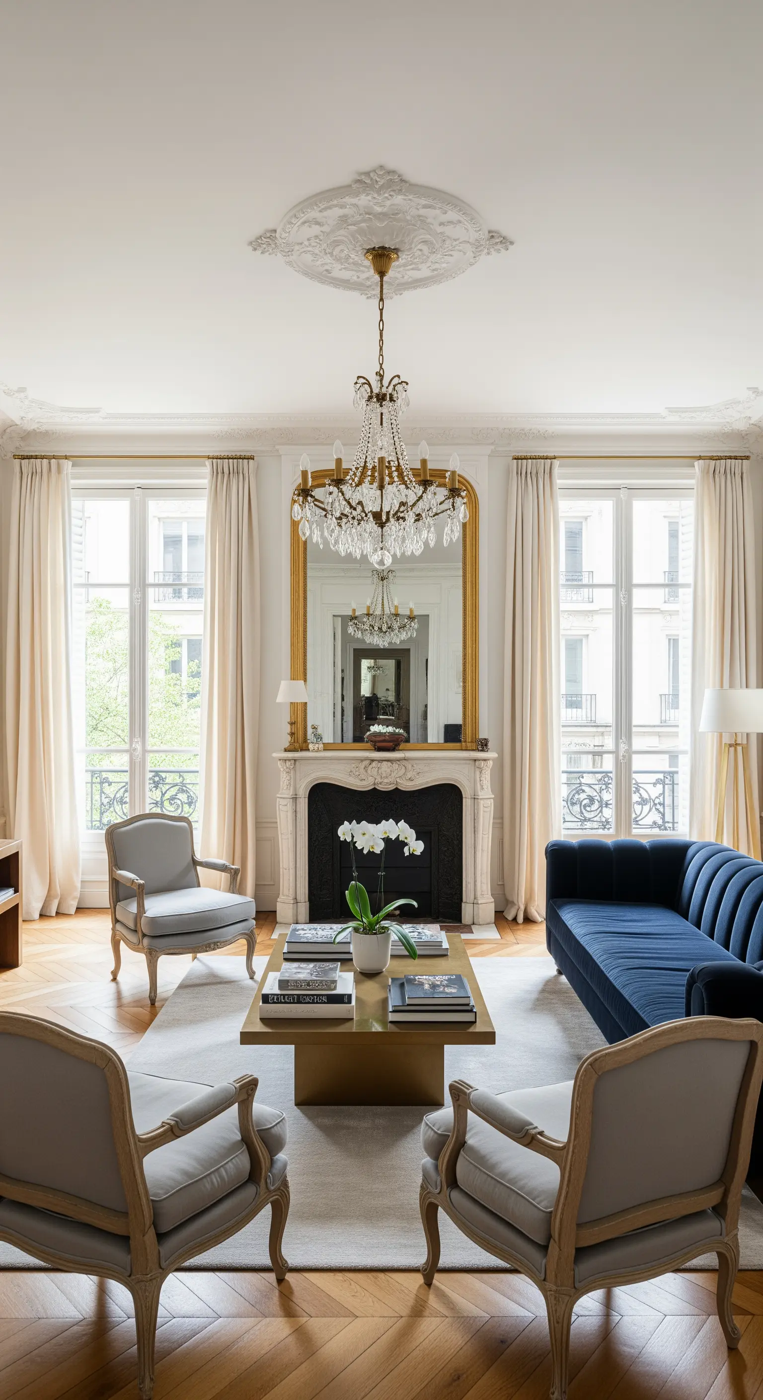 Pariser Wohnzimmer mit blauem Samtsofa als Farbakzent vor klassischer Stuckdecke.