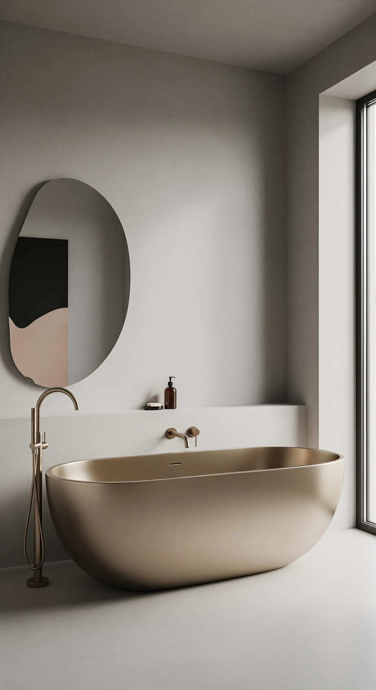 Freisteende, champagnerfarbene Badewanne in einem minimalistischen, hellgrauen Badezimmer.