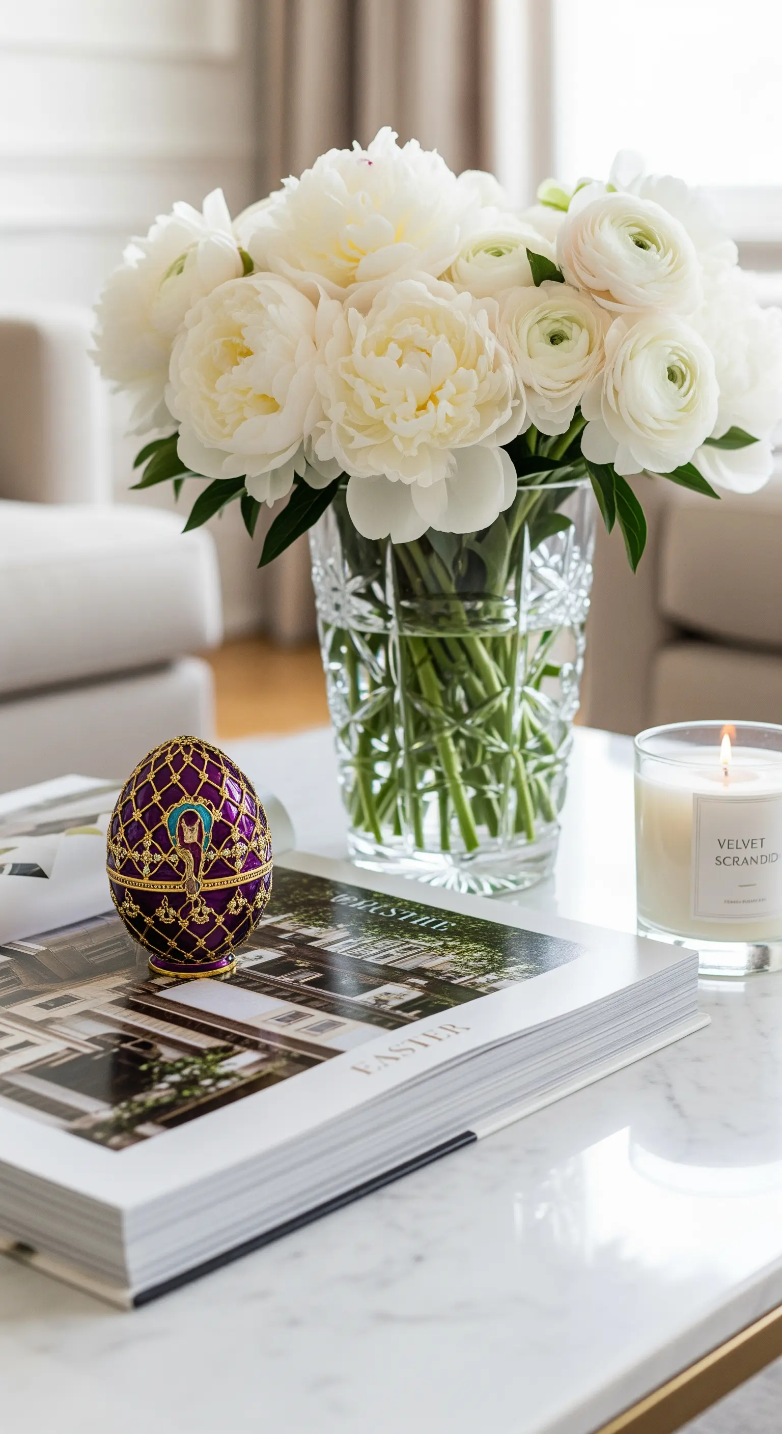 Luxuriöses Fabergé-Ei als Oster-Deko auf einem Couchtisch neben Pfingstrosen.