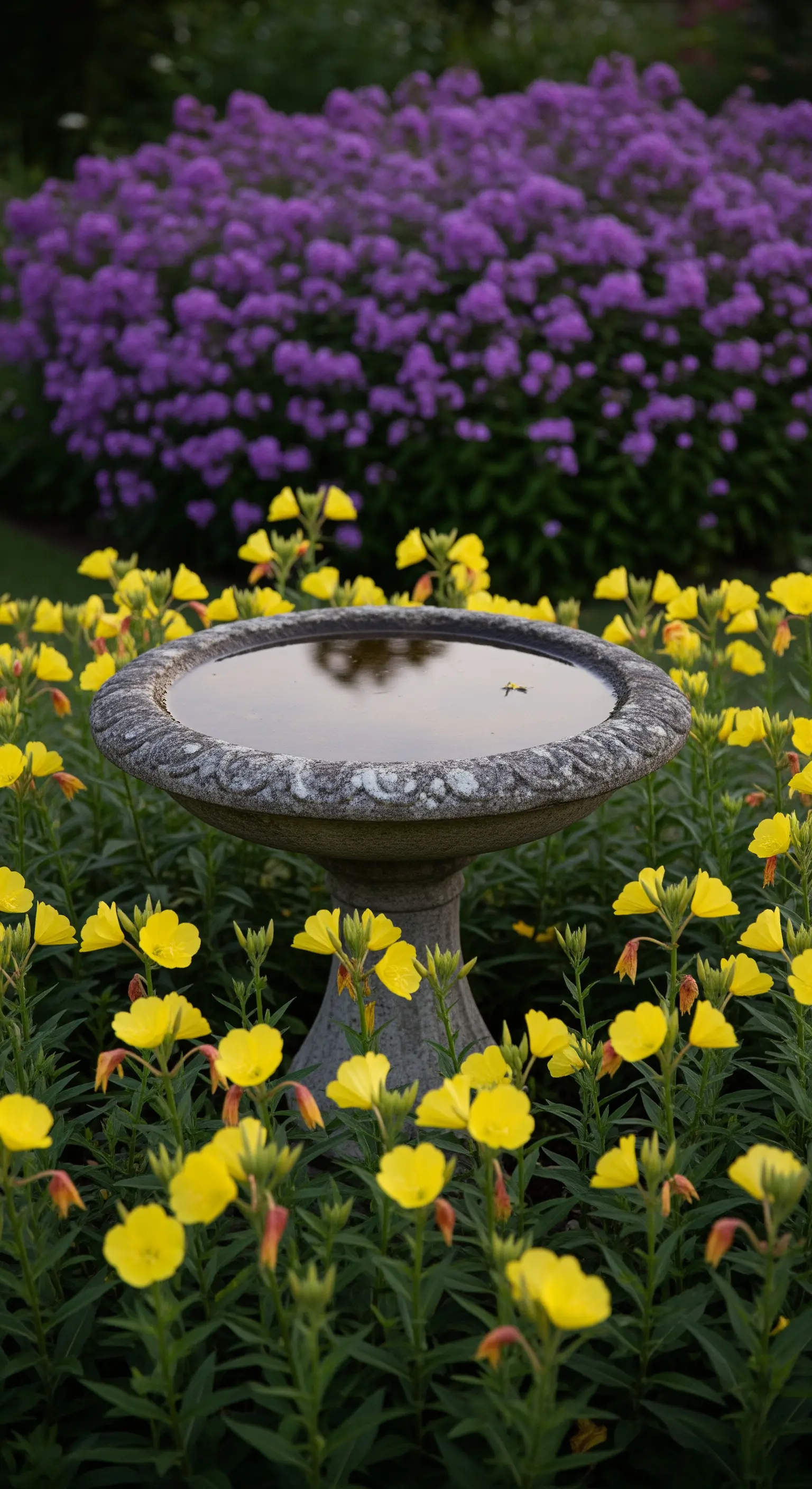 Ein steinernes Vogelbad, umgeben von gelben Nachtkerzen und einem lila Phlox-Beet im Hintergrund.