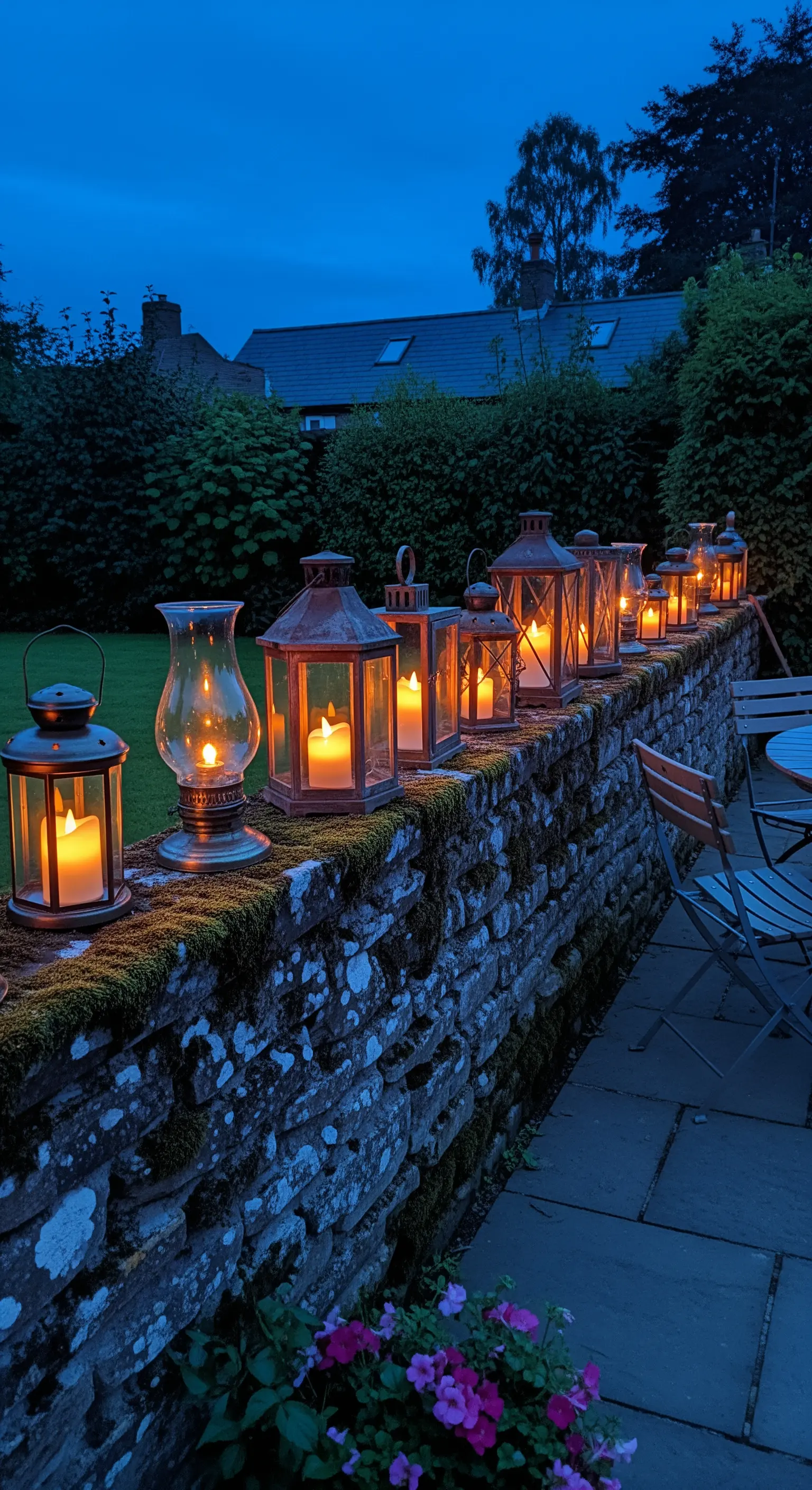 Eine Sammlung verschiedener rustikaler Laternen mit Kerzen auf einer alten, moosbewachsenen Steinmauer.