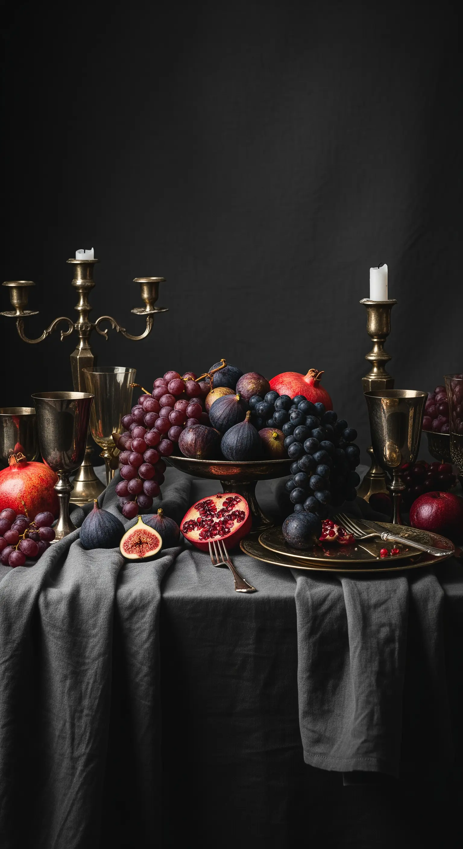 Dramatisches Stillleben auf einem dunklen Tisch mit Trauben, Feigen und antiken Messing-Kerzenleuchtern