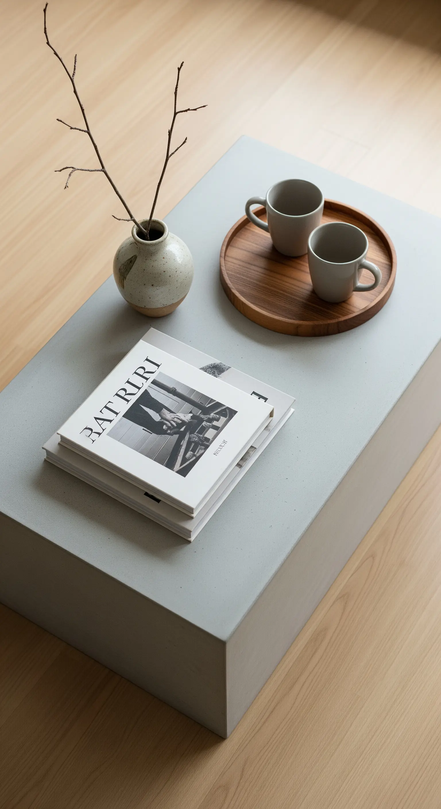 Detailaufnahme eines Beton-Couchtischs mit Holztablett, Tassen und einer Vase mit einem Ast.