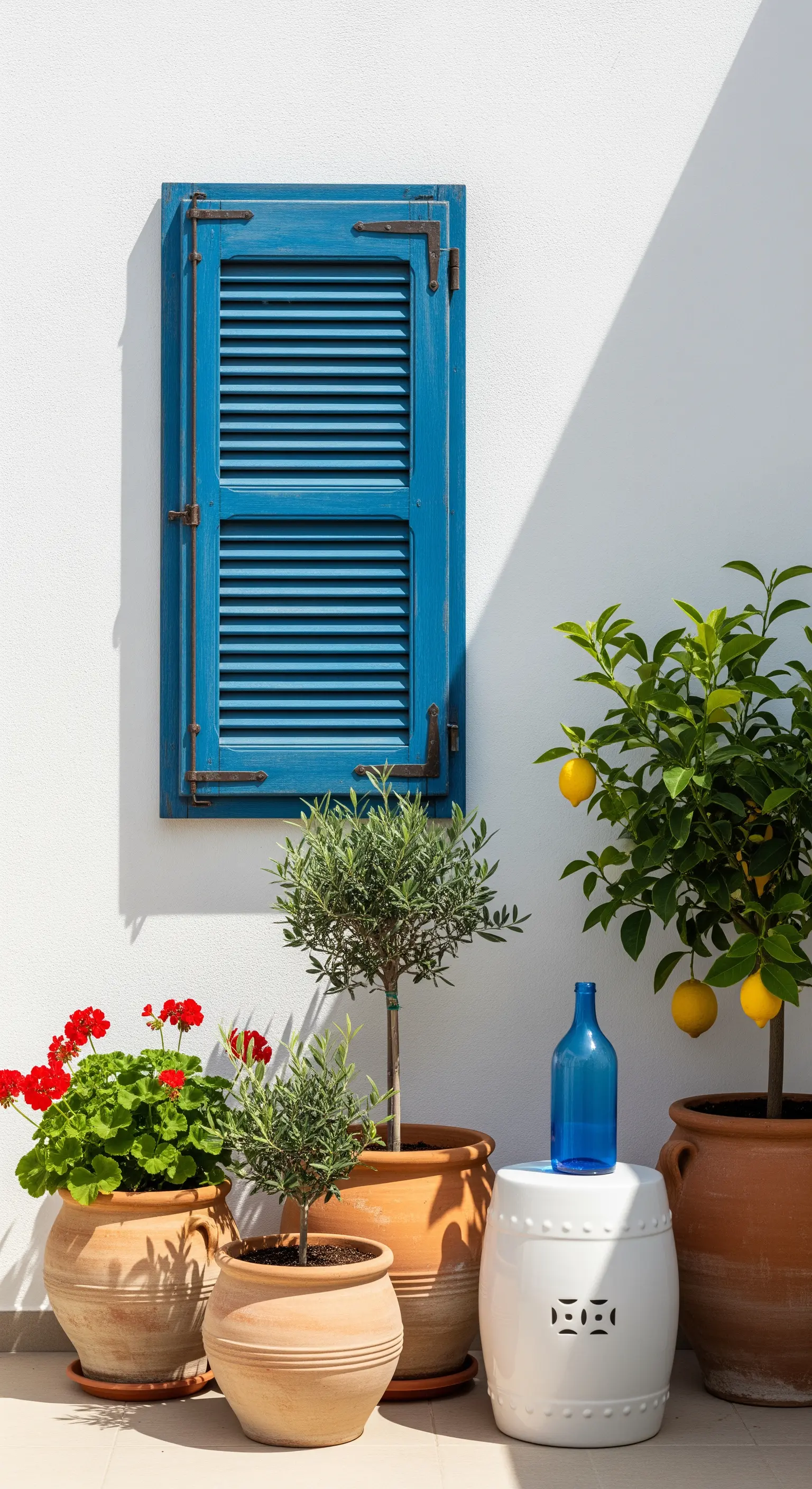 Deko-Ecke mit blauem Fensterladen, Terrakottatöpfen, Oliven- und Zitronenbaum.