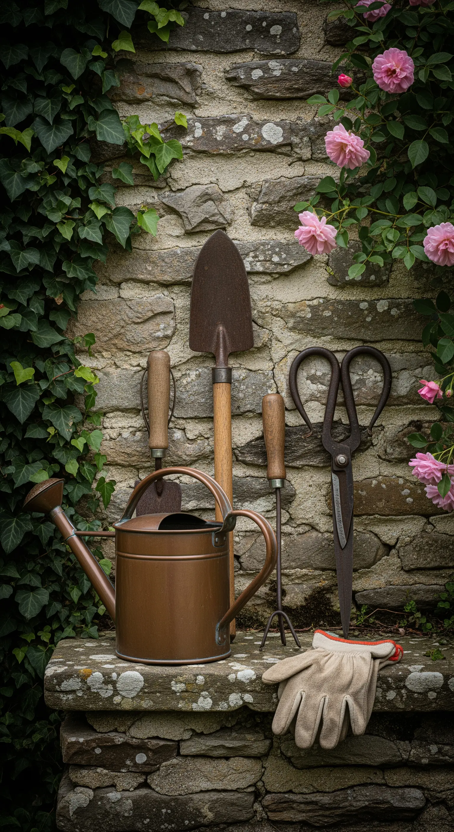 Vintage-Gartengeräte und eine Kupfergießkanne an einer alten Steinmauer