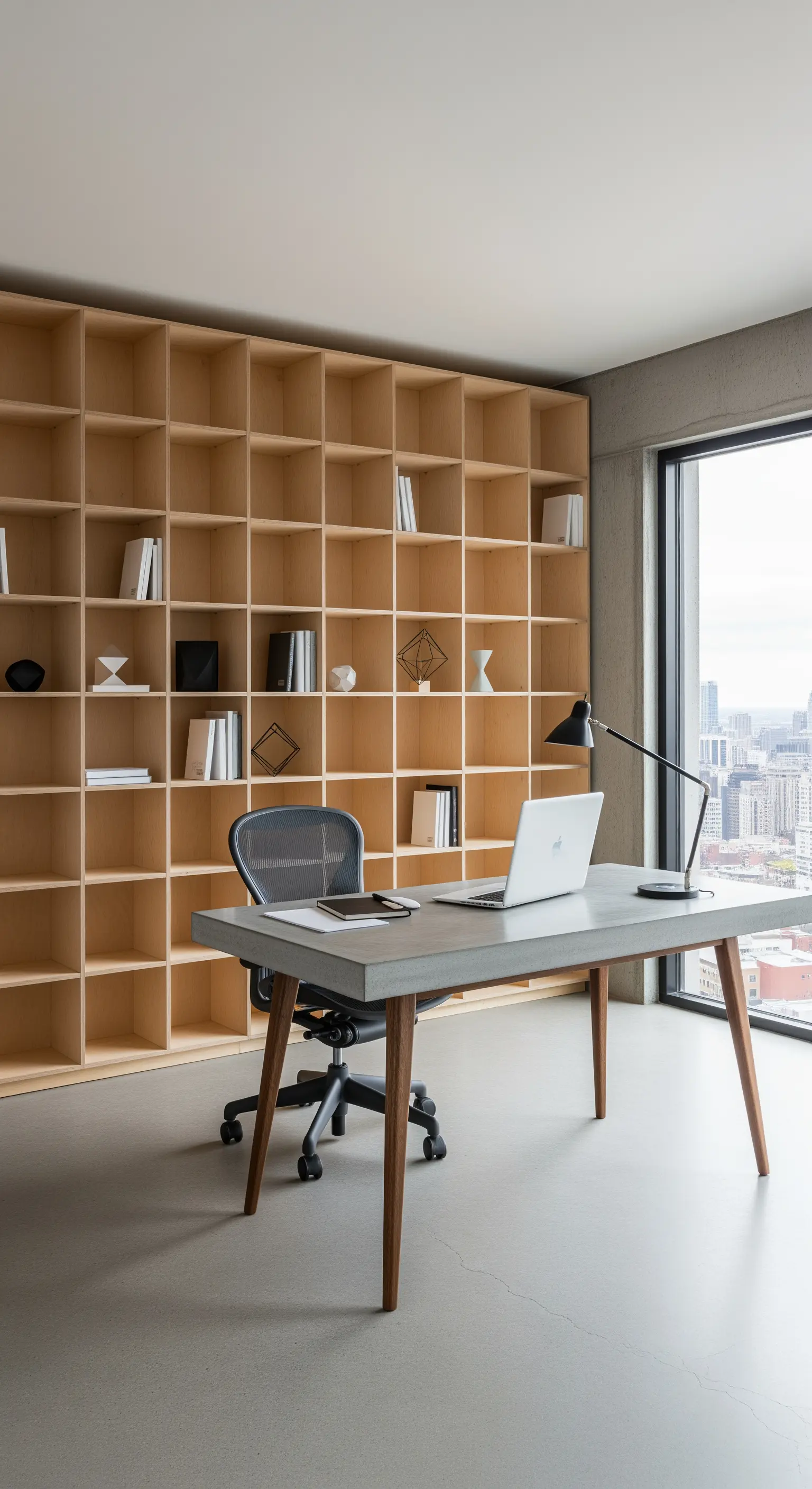Home-Office mit einem großen Holzregal und einem Schreibtisch mit Betonplatte.