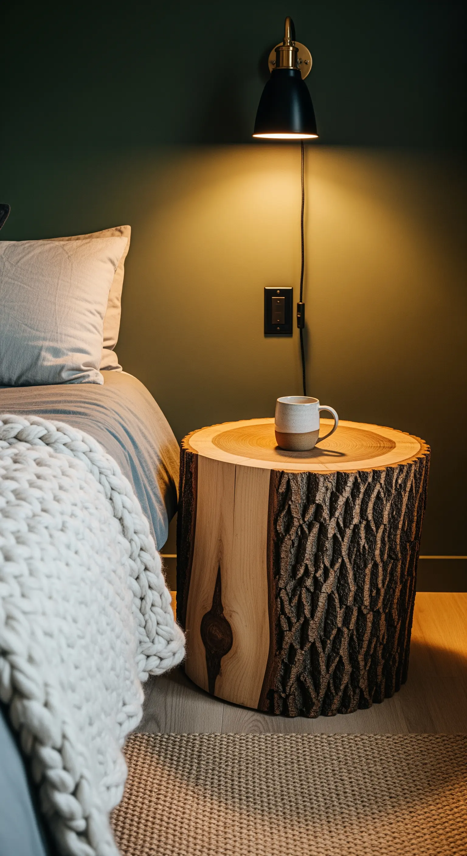 Ein massiver Baumstumpf mit Rinde dient als rustikaler, minimalistischer Nachttisch.