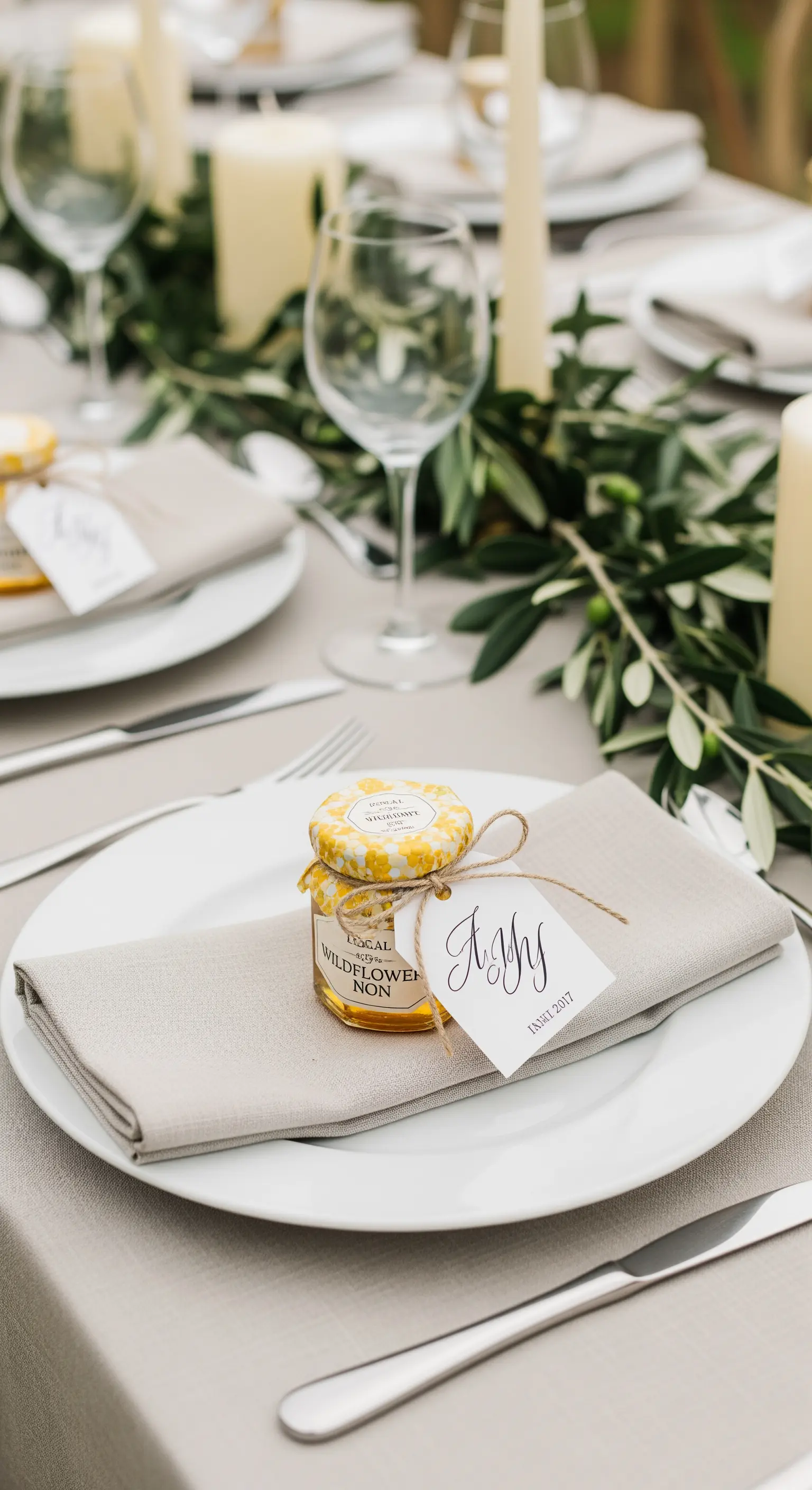 Kleines Glas Honig als Gastgeschenk mit personalisiertem Etikett und Stoffdeckel auf einem Teller