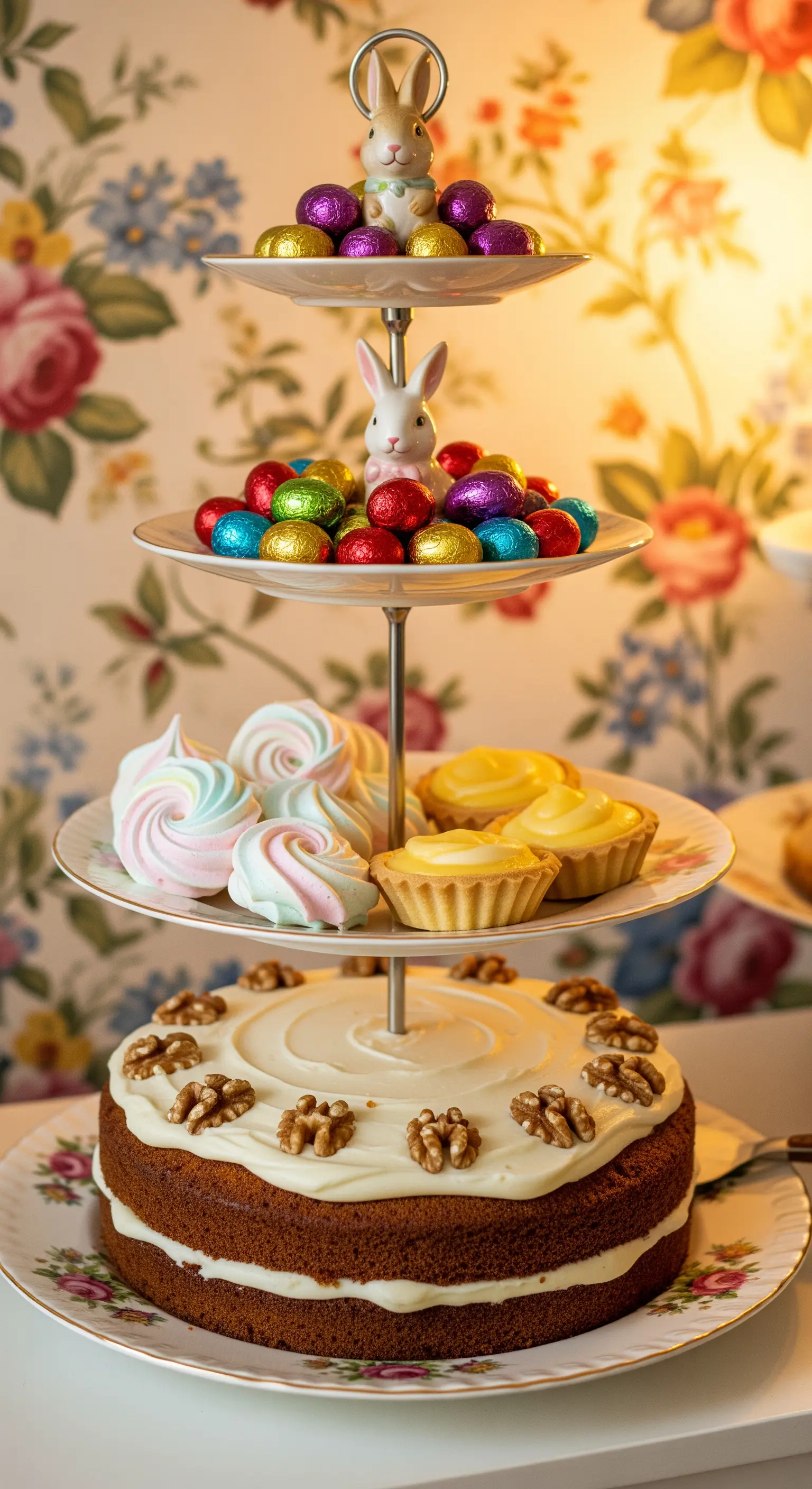 Porzellan-Etagere mit Karottenkuchen, Baisers und Schokoladeneiern