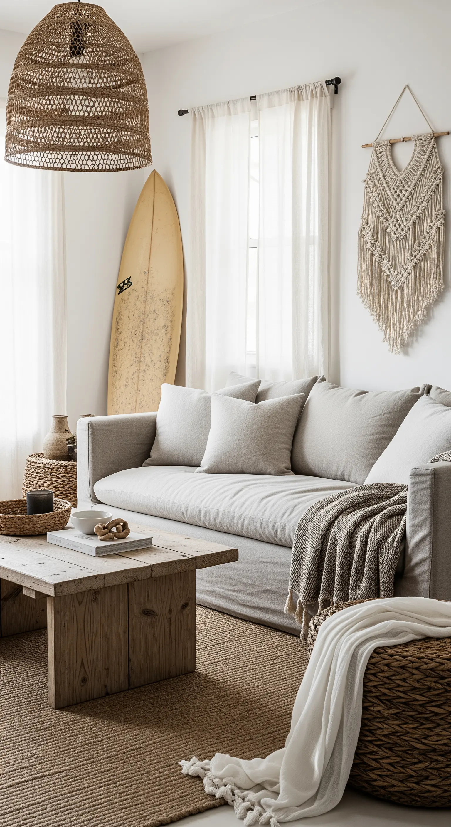 Lässiges Boho-Wohnzimmer mit einem Surfbrett, das als Dekoration an der Wand lehnt.