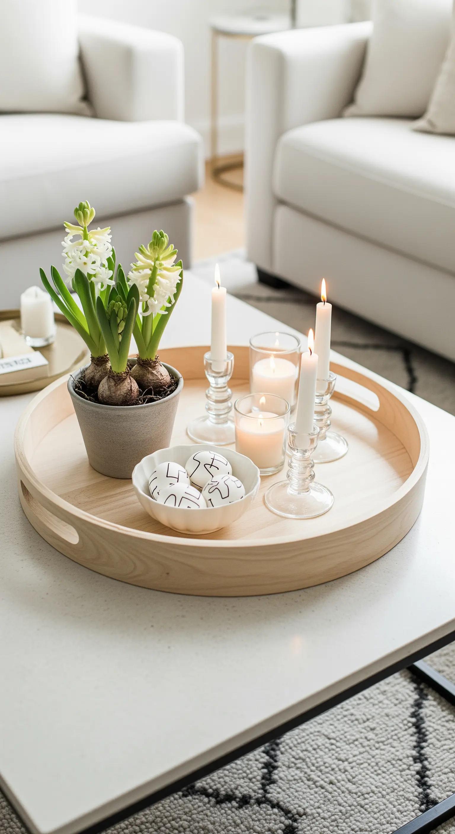 Holztablett mit Hyazinthen, Kerzen und grafisch bemalten Eiern auf einem weißen Couchtisch.