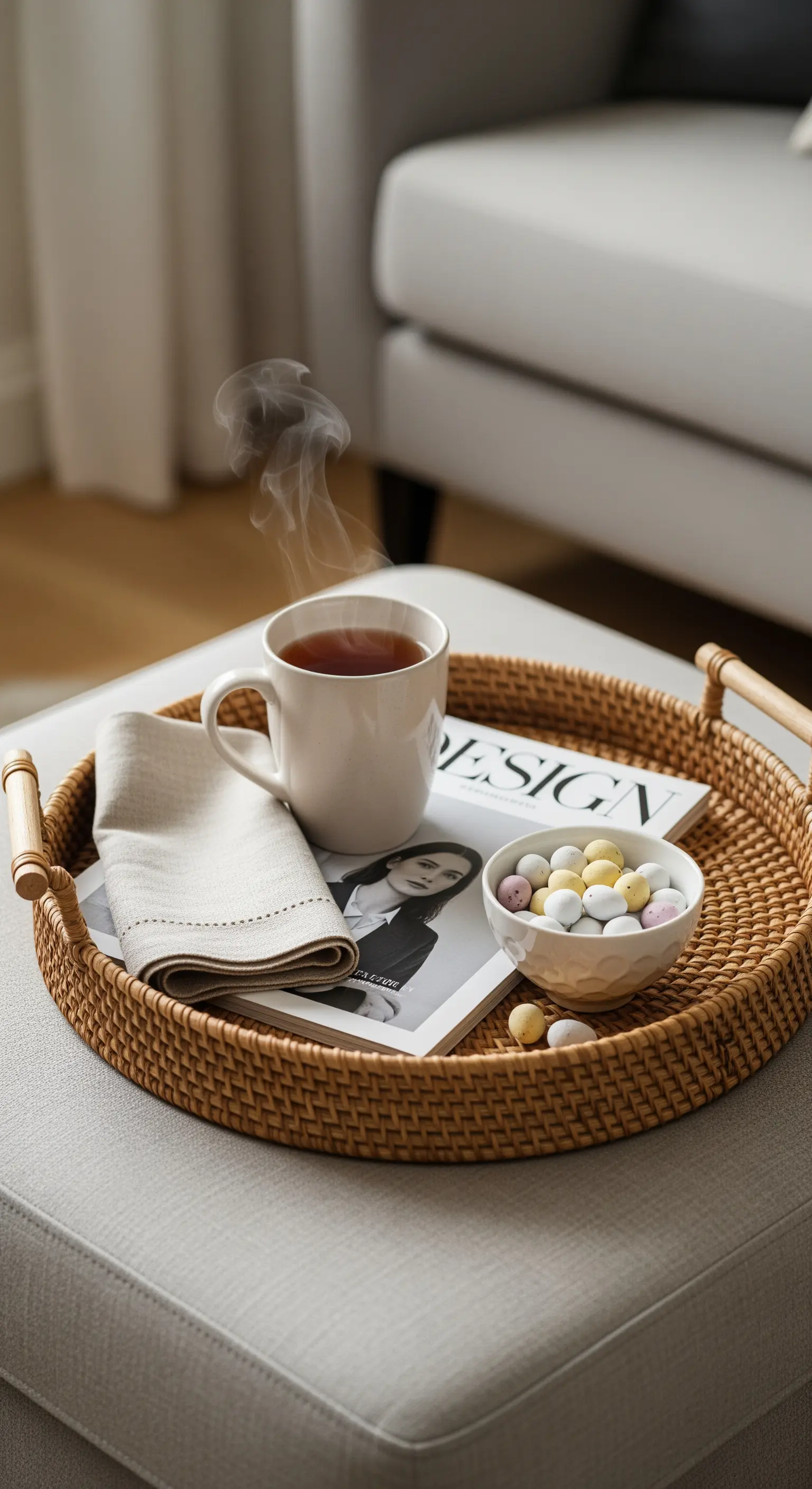 Rattantablett auf einem Hocker mit einer Tasse Tee, Serviette und einer Schale Ostereier.