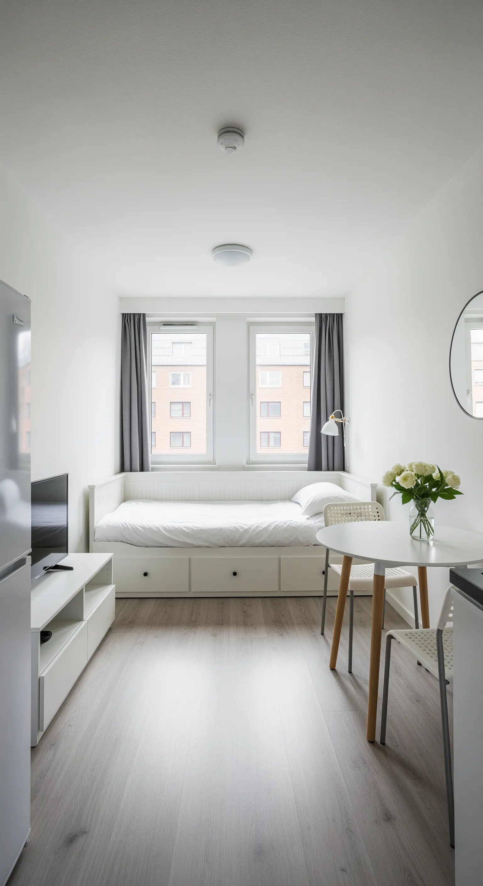 Kompaktes Studio mit einem weißen Tagesbett, das als Sofa und Bett dient