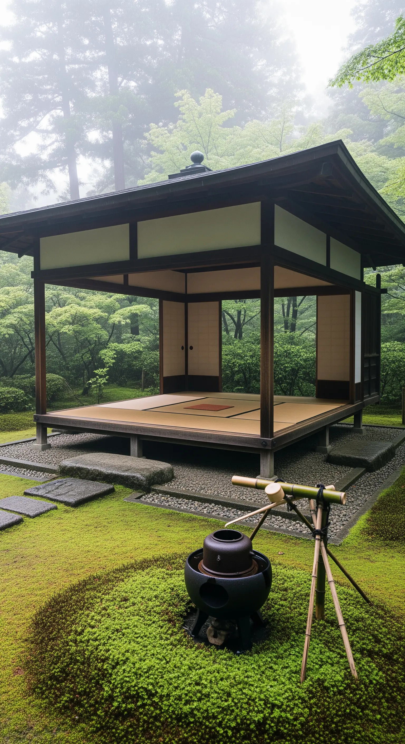 Traditionelles japanisches Teehaus umgeben von einem üppigen Moosgarten mit Trittsteinpfad.