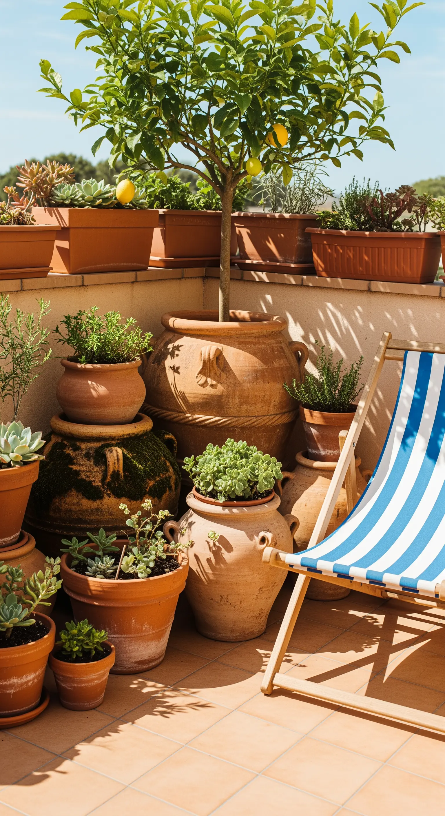 Eine Gruppe verschiedener Terrakottatöpfe mit Sukkulenten und Kräutern in einer Balkonecke.