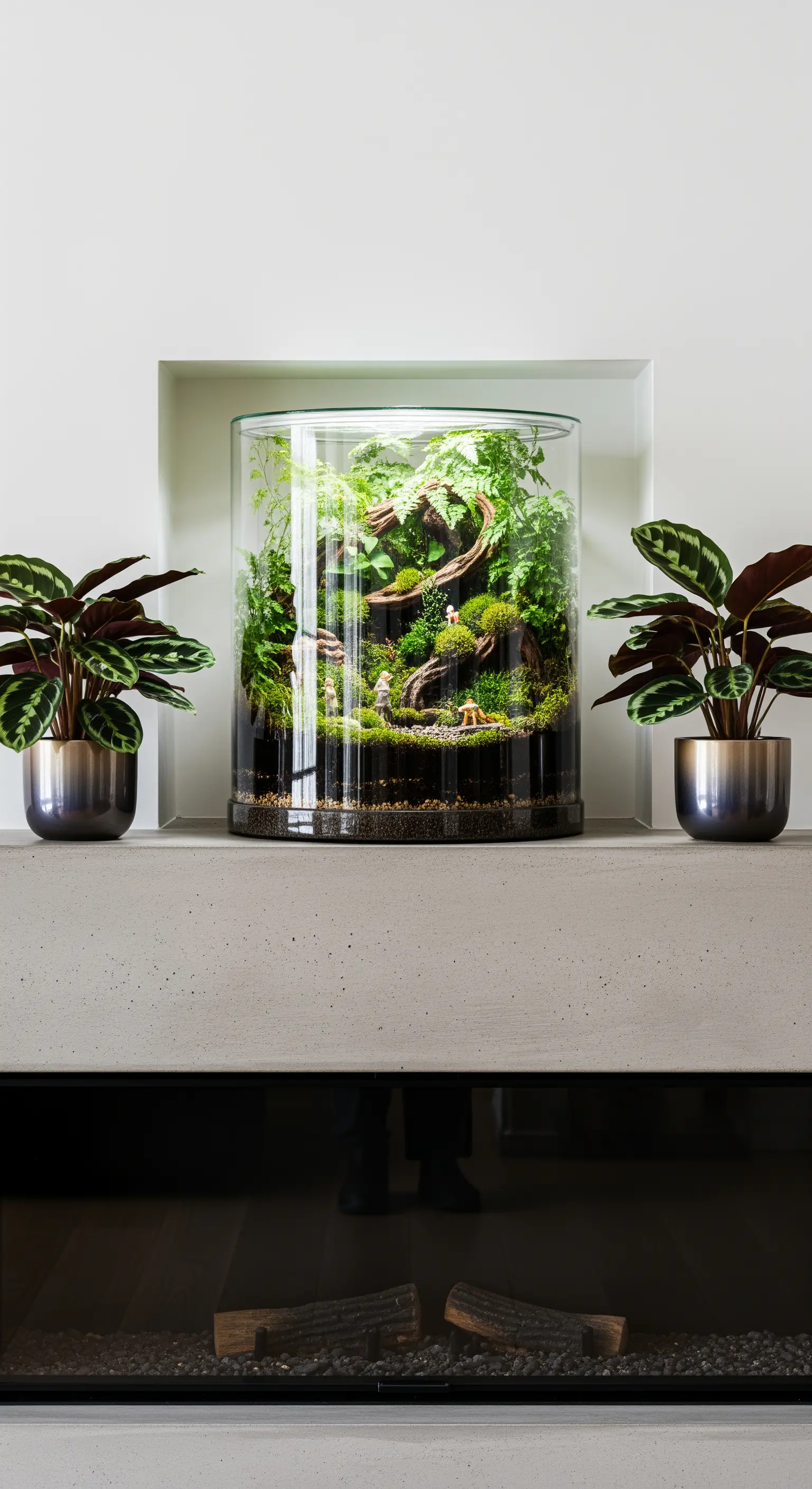 Ein großes zylindrisches Terrarium mit Farnen und Moos als zentrales Deko-Element auf dem Kamin
