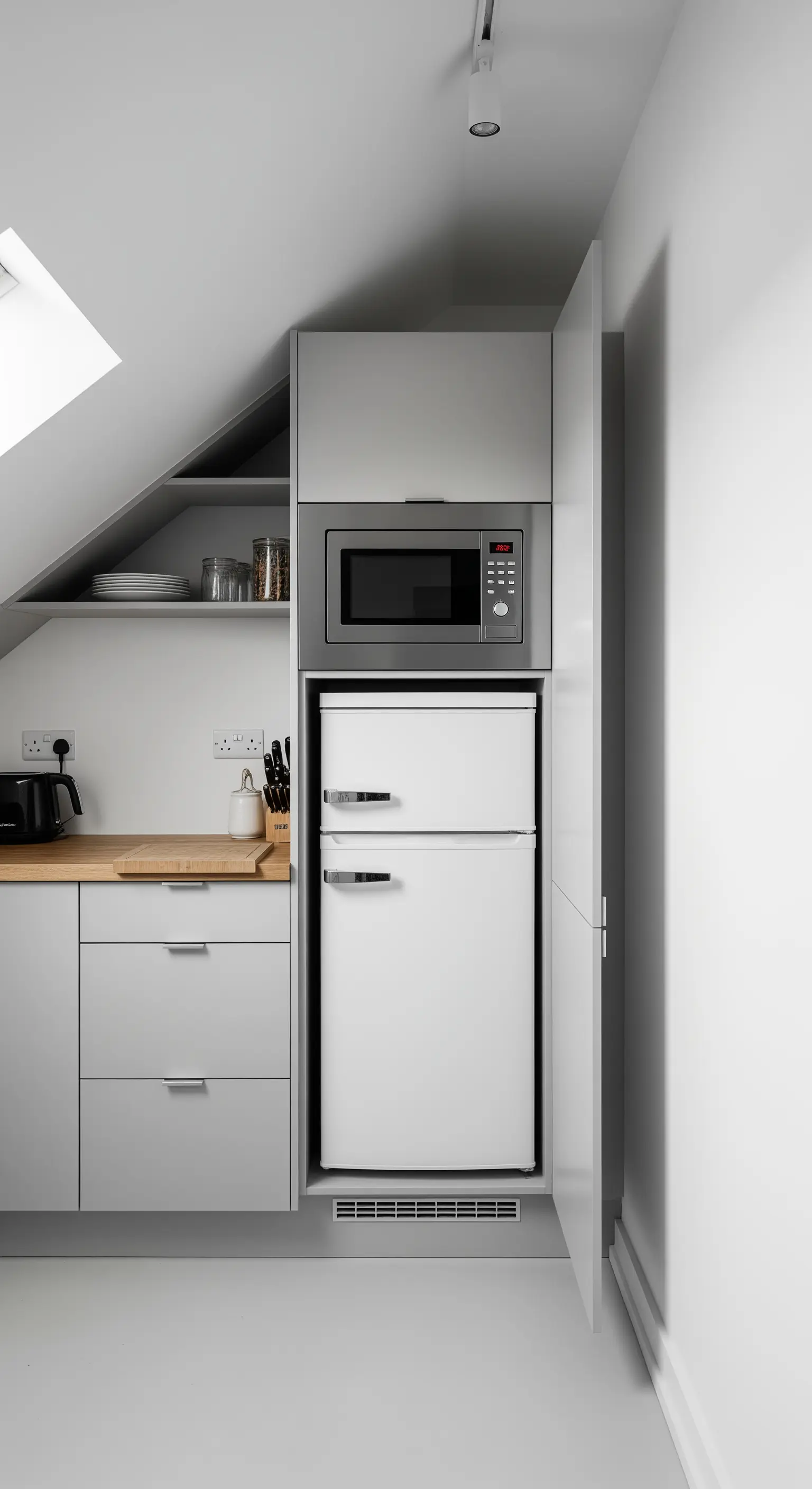 Kompakte, graue Küchenzeile, die clever in eine Nische unter einer Dachschräge eingebaut ist.