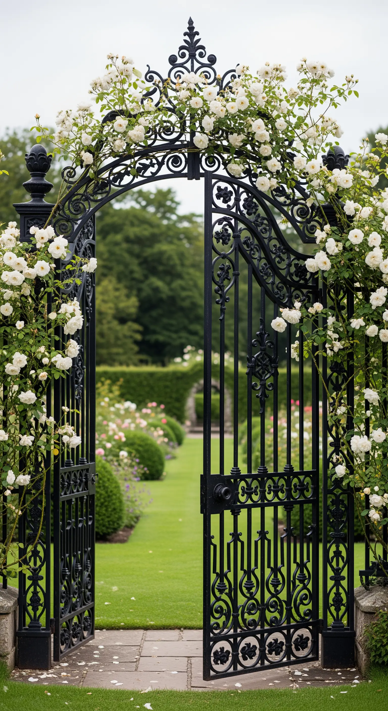 Kunstvolles schwarzes Gartentor, das von weißen Kletterrosen umrankt wird