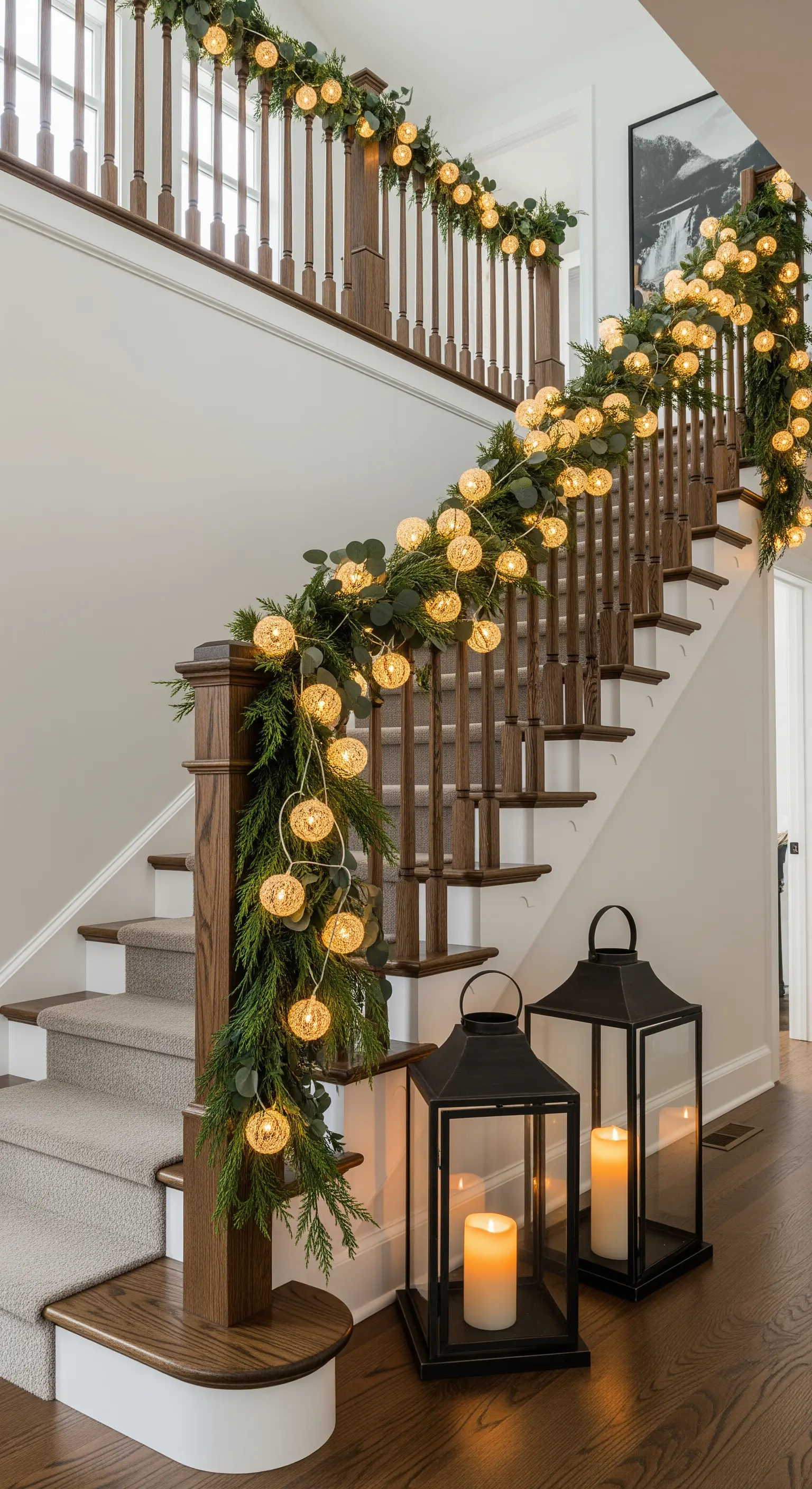 Üppig mit Girlande und großen Kugellichtern geschmücktes Treppengeländer, flankiert von Laternen.