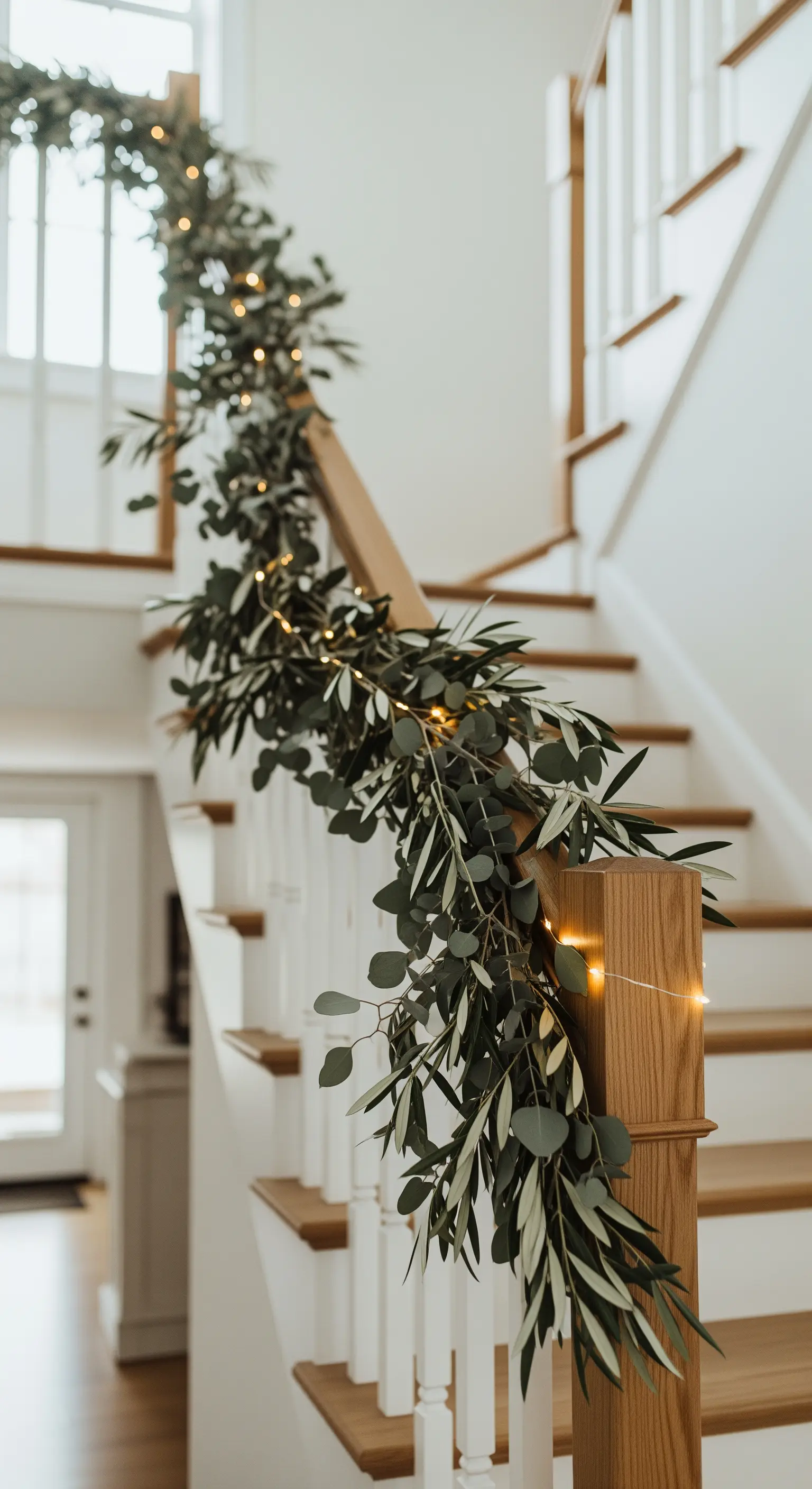 Treppengeländer dekoriert mit einer Eukalyptus-Olivengirlande und Lichterkette