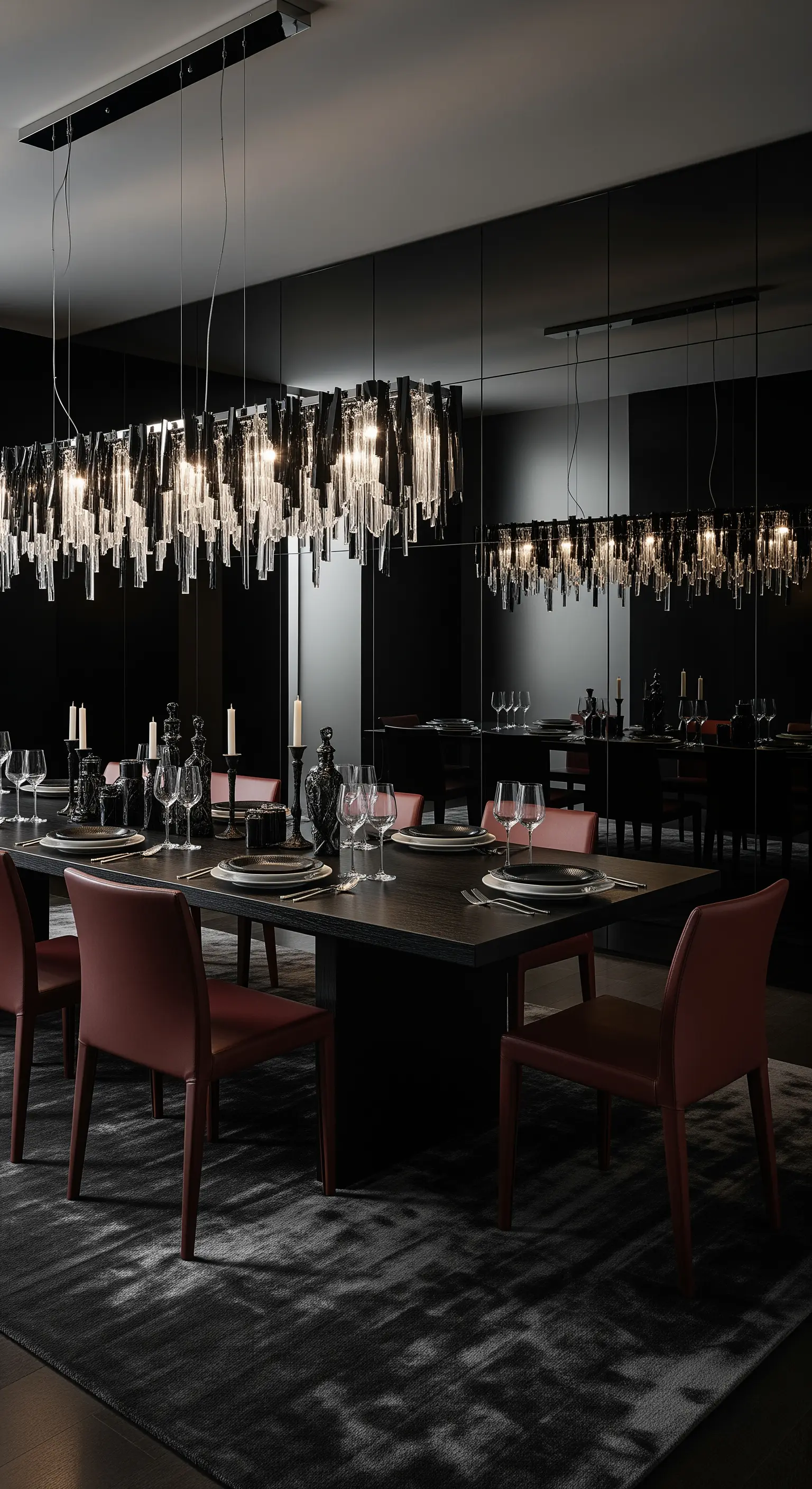 Esszimmer mit schwarzer Spiegelwand, die einen langen Kristall-Leuchter über dem Tisch reflektiert.