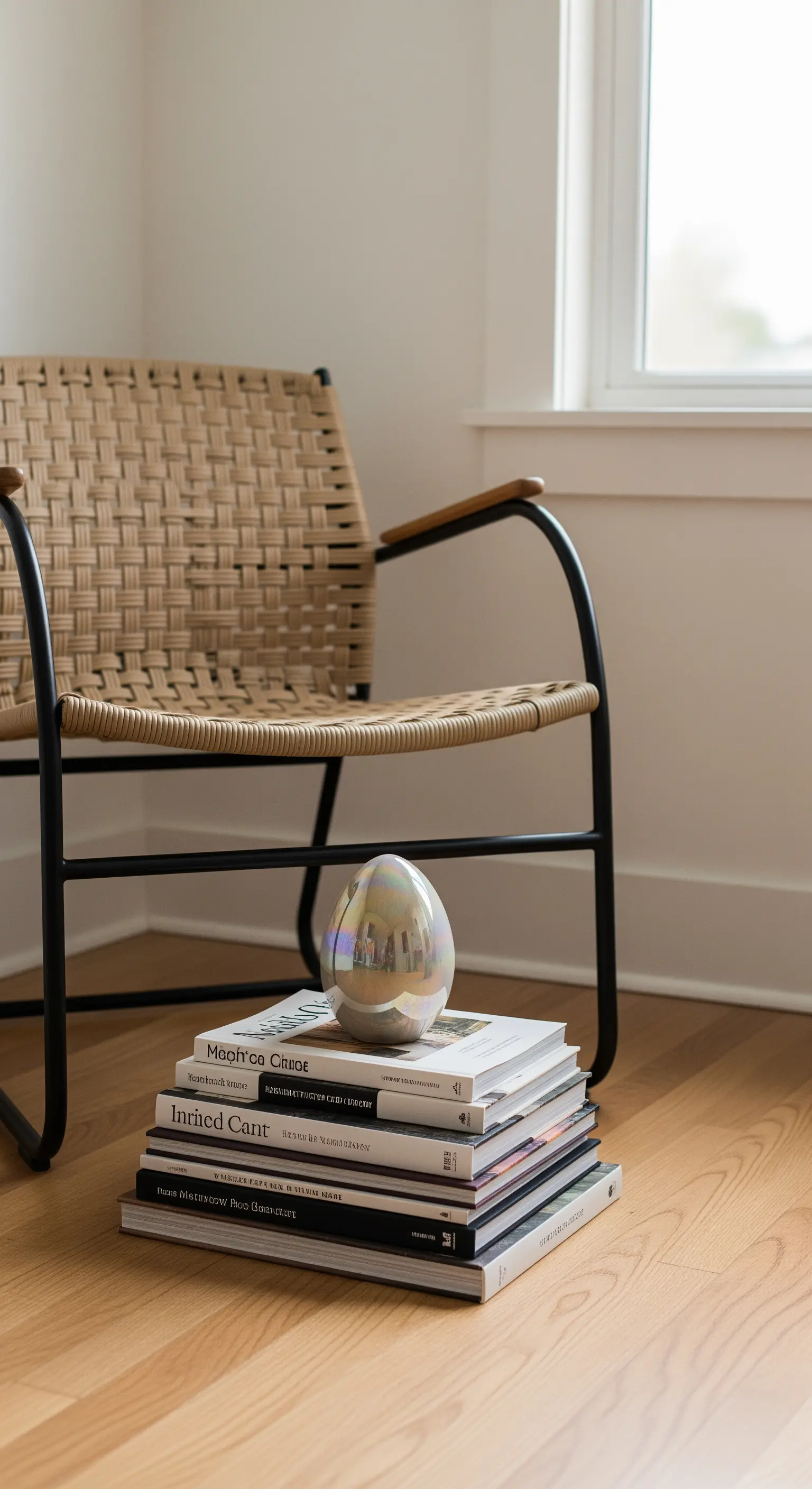 Ein einzelnes, schimmerndes Deko-Ei auf einem Stapel von Bildbänden.