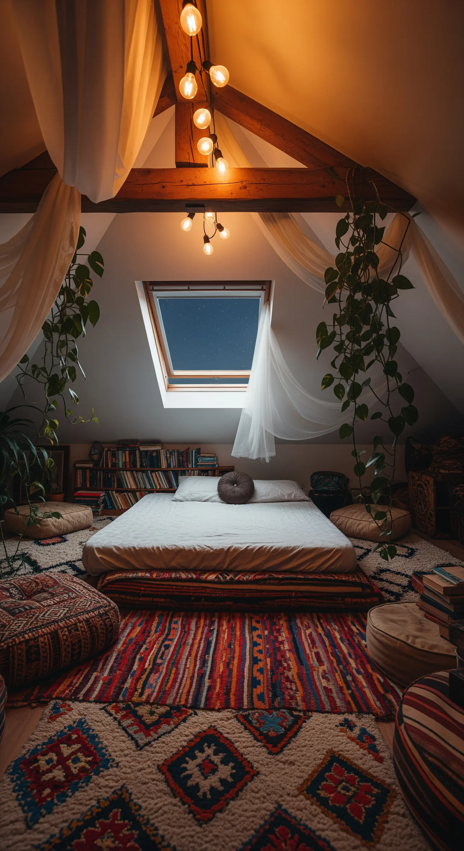 Gemütliches Dachgeschoss-Schlafzimmer mit Bodenbett, vielen Büchern und buntem Teppich.