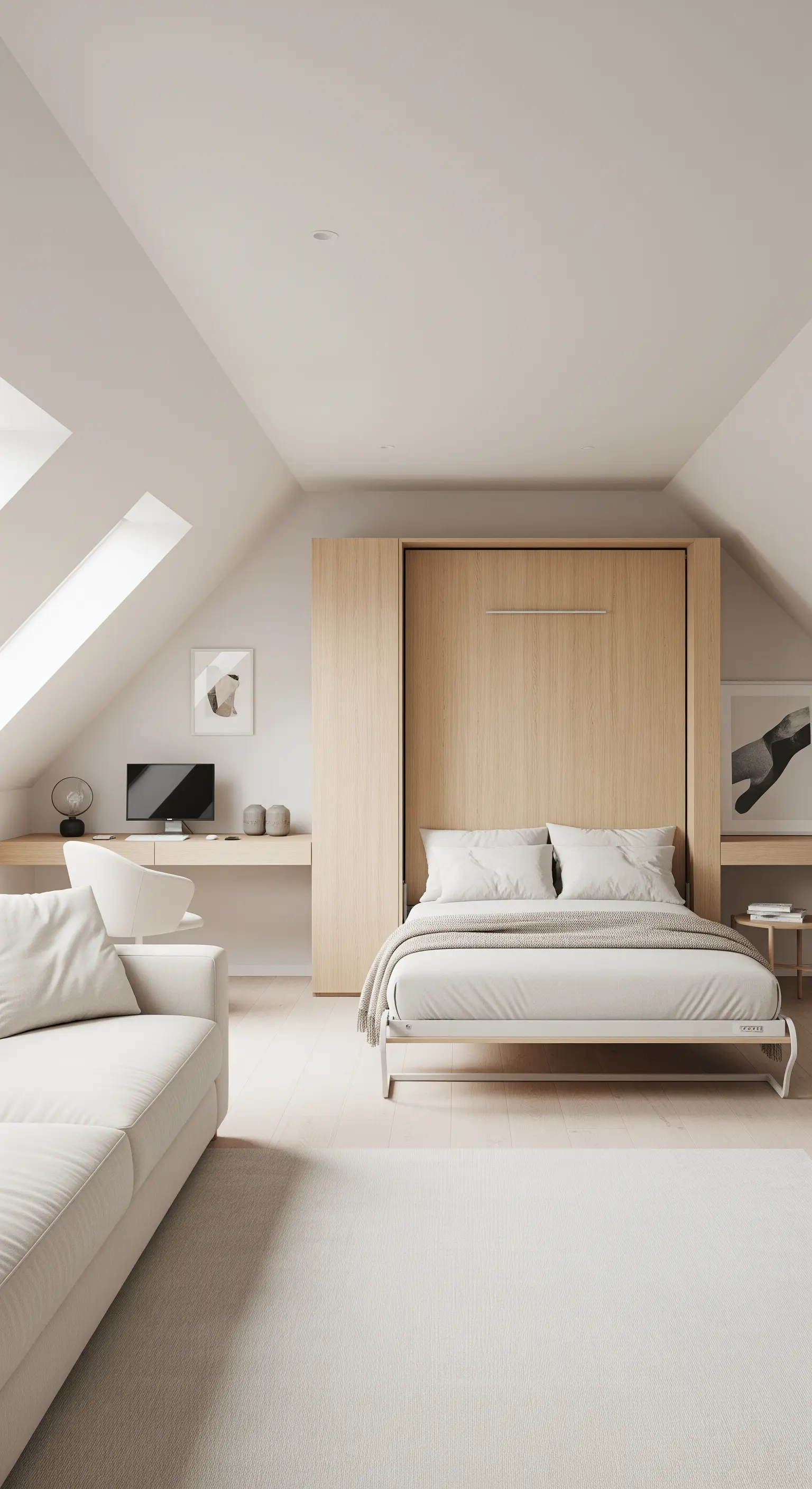 Helles Studio-Apartment mit einem integrierten Schrankbett, das neben einem Schreibtisch platziert ist.