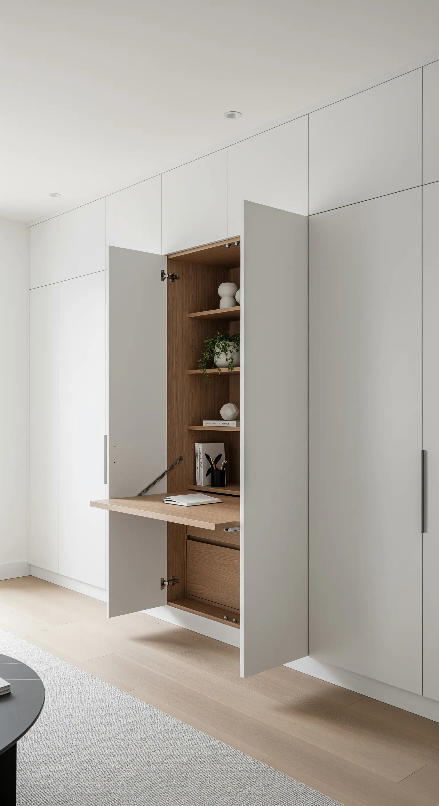 Ein in einen weißen Kleiderschrank integriertes, ausklappbares Homeoffice.