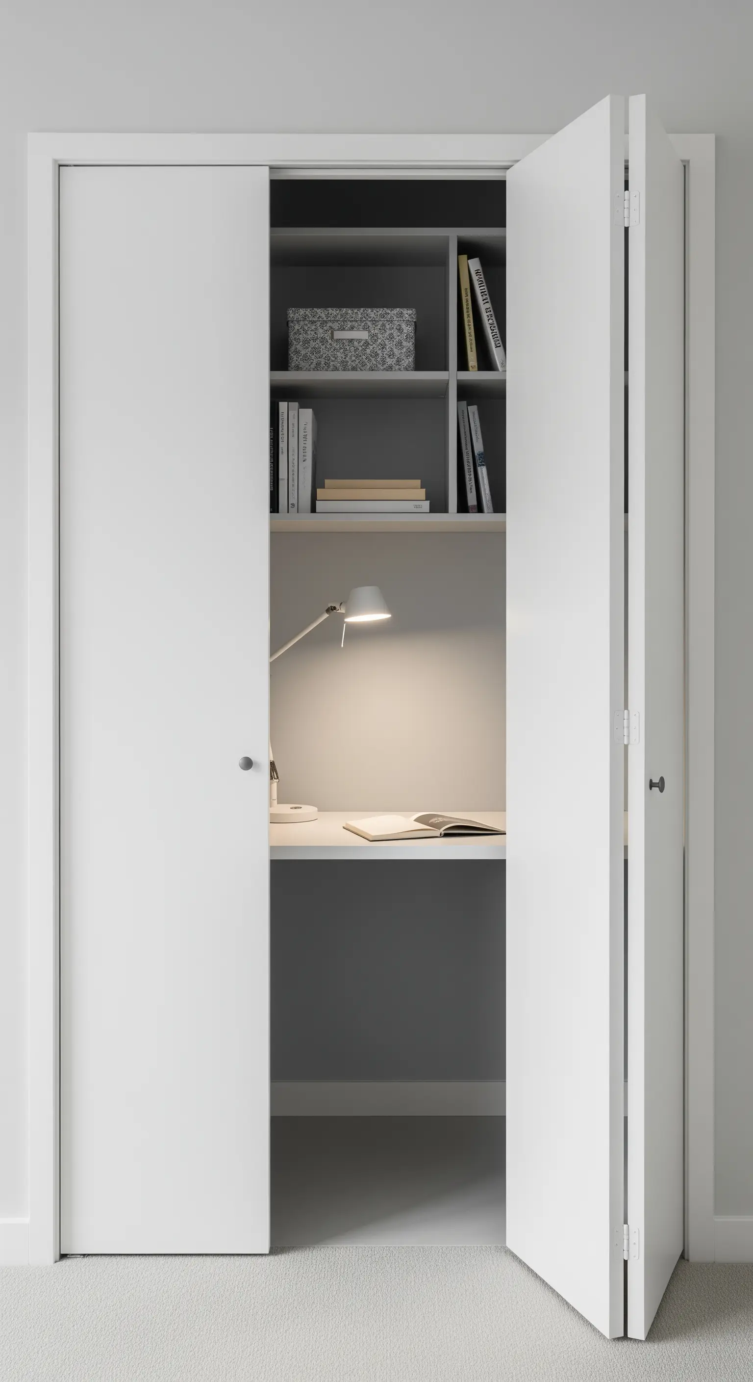 Ein kompakter Arbeitsplatz, der in einen weißen Kleiderschrank integriert ist.