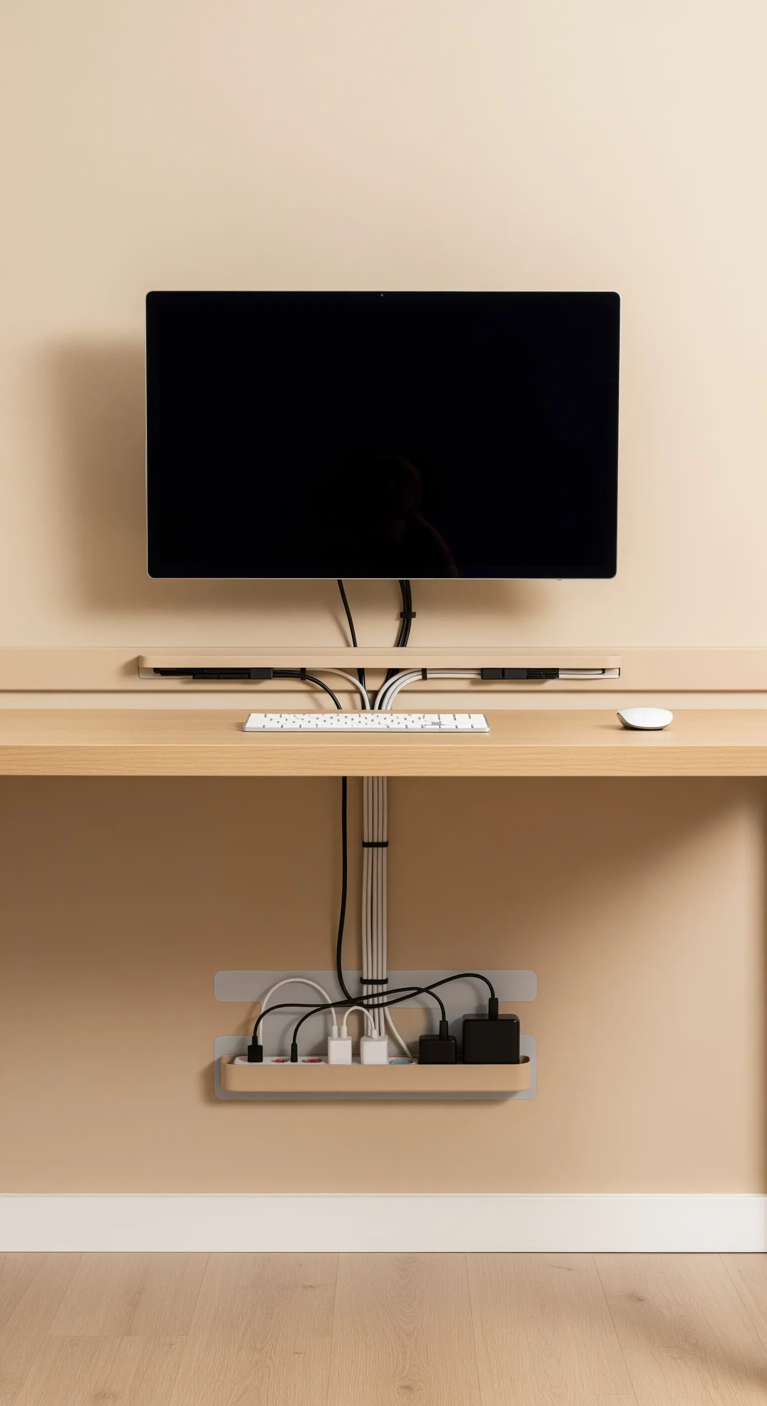Aufgeräumtes Kabelmanagement unter einem Schreibtisch mit Halterung für Steckdosenleiste.
