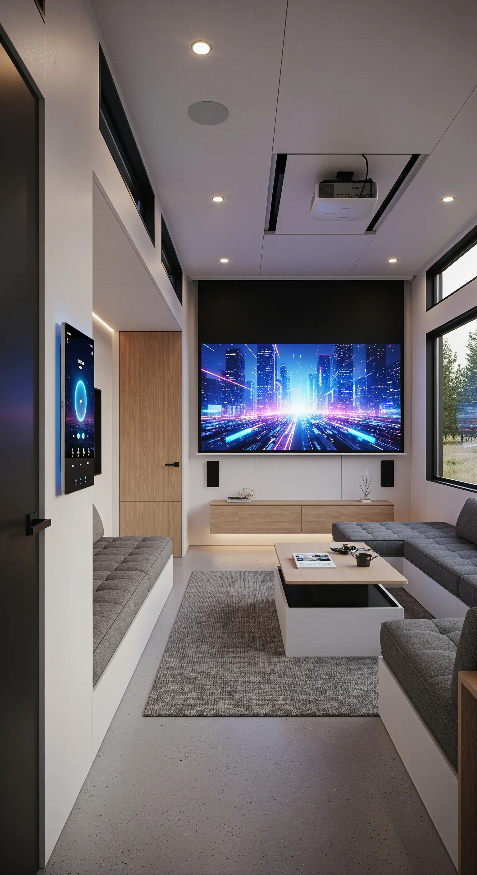 Heimkino im Tiny House mit Deckenprojektor und integrierten grauen Sofas.