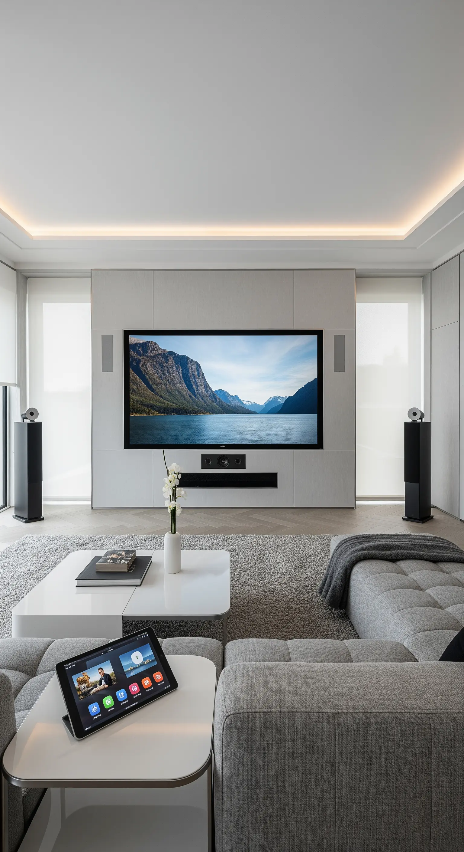 Modernes Heimkino mit integrierter TV-Wand, Lautsprechern und grauem Sofa.