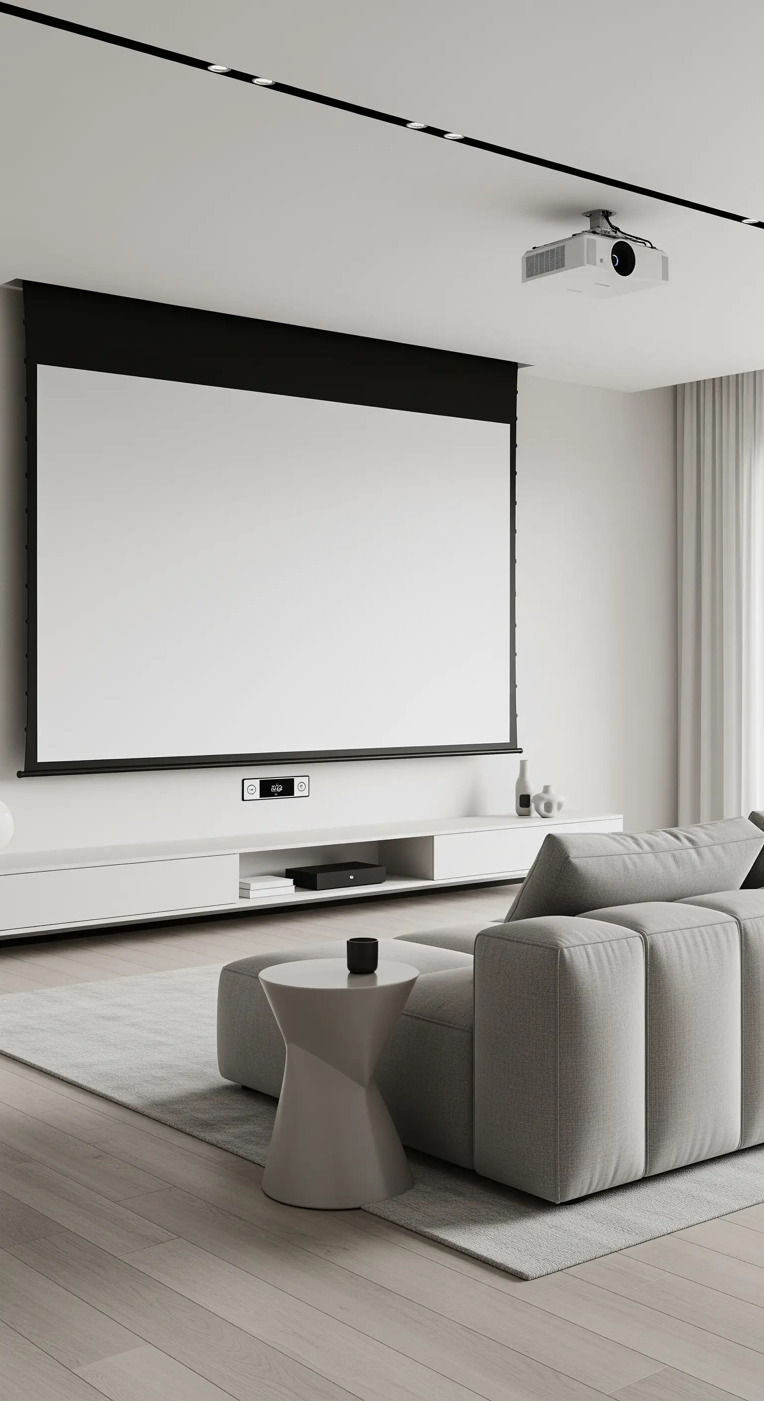 Wohnzimmer mit ausfahrbarer Projektor-Leinwand anstelle eines Fernsehers.