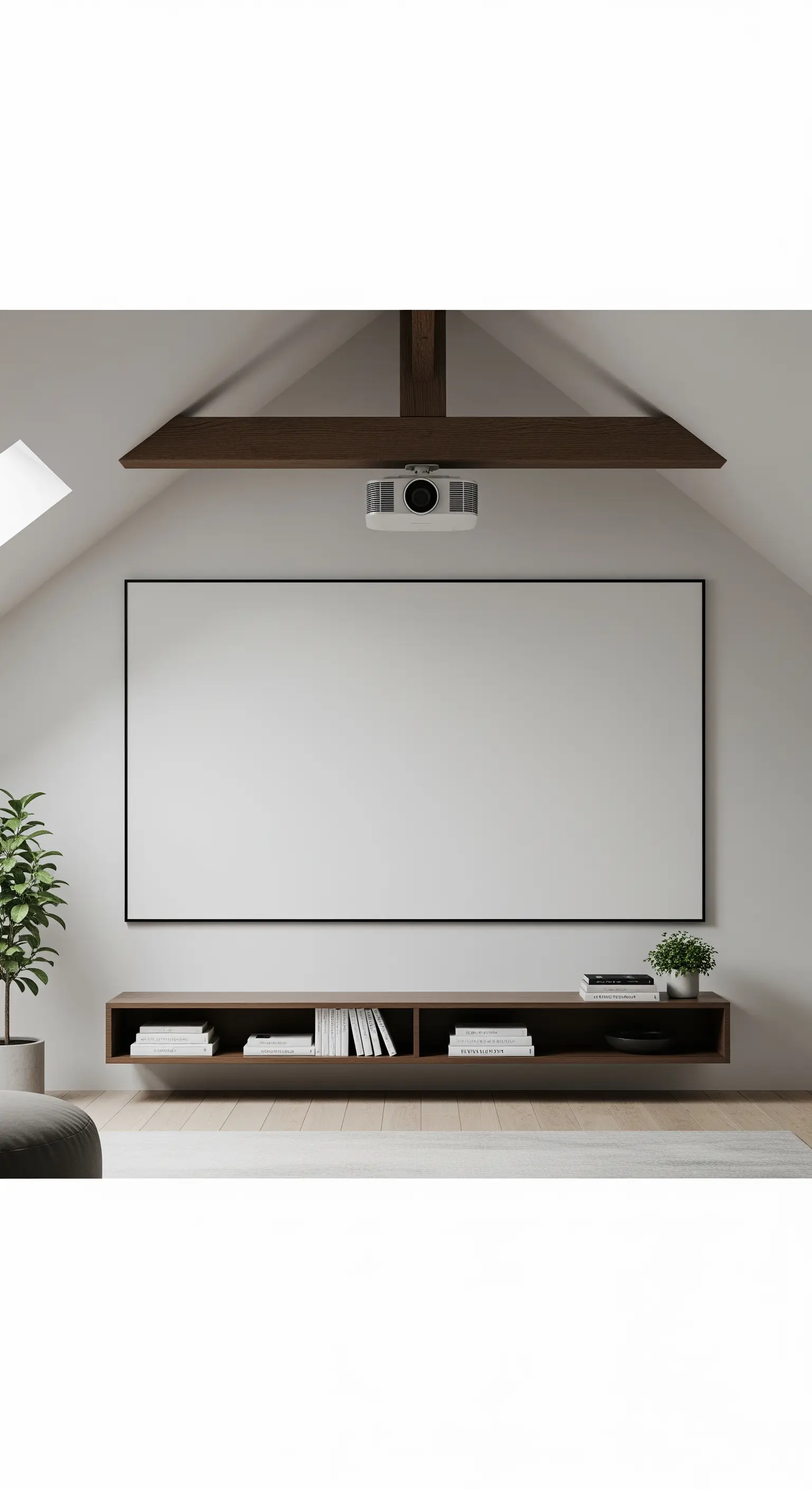 Heimkino-Setup im Dachgeschoss mit Projektor, Leinwand und schwebendem Holz-Sideboard.