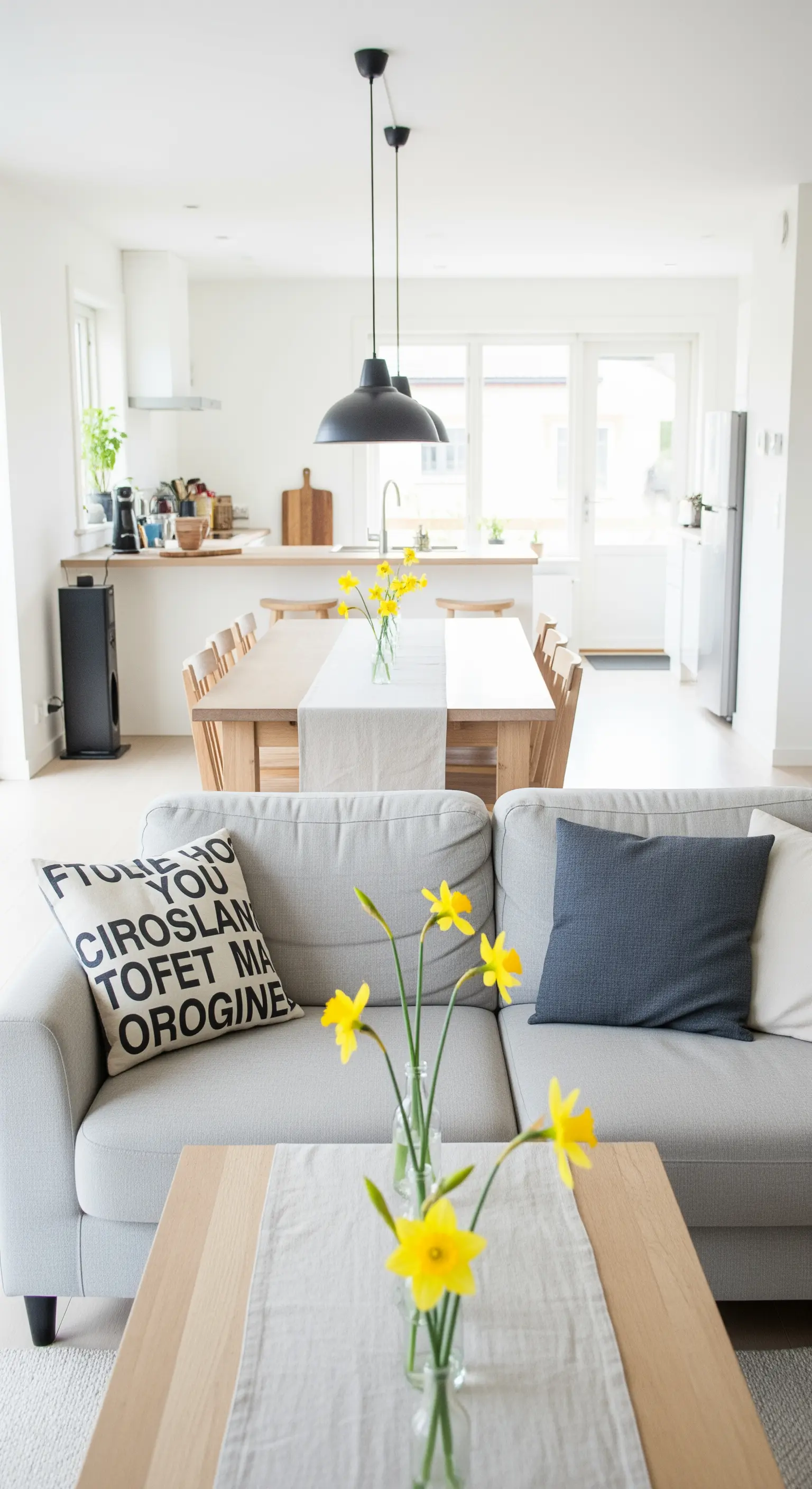 Einzelne Narzissen in Vasen verbinden den Wohn- und Essbereich optisch.