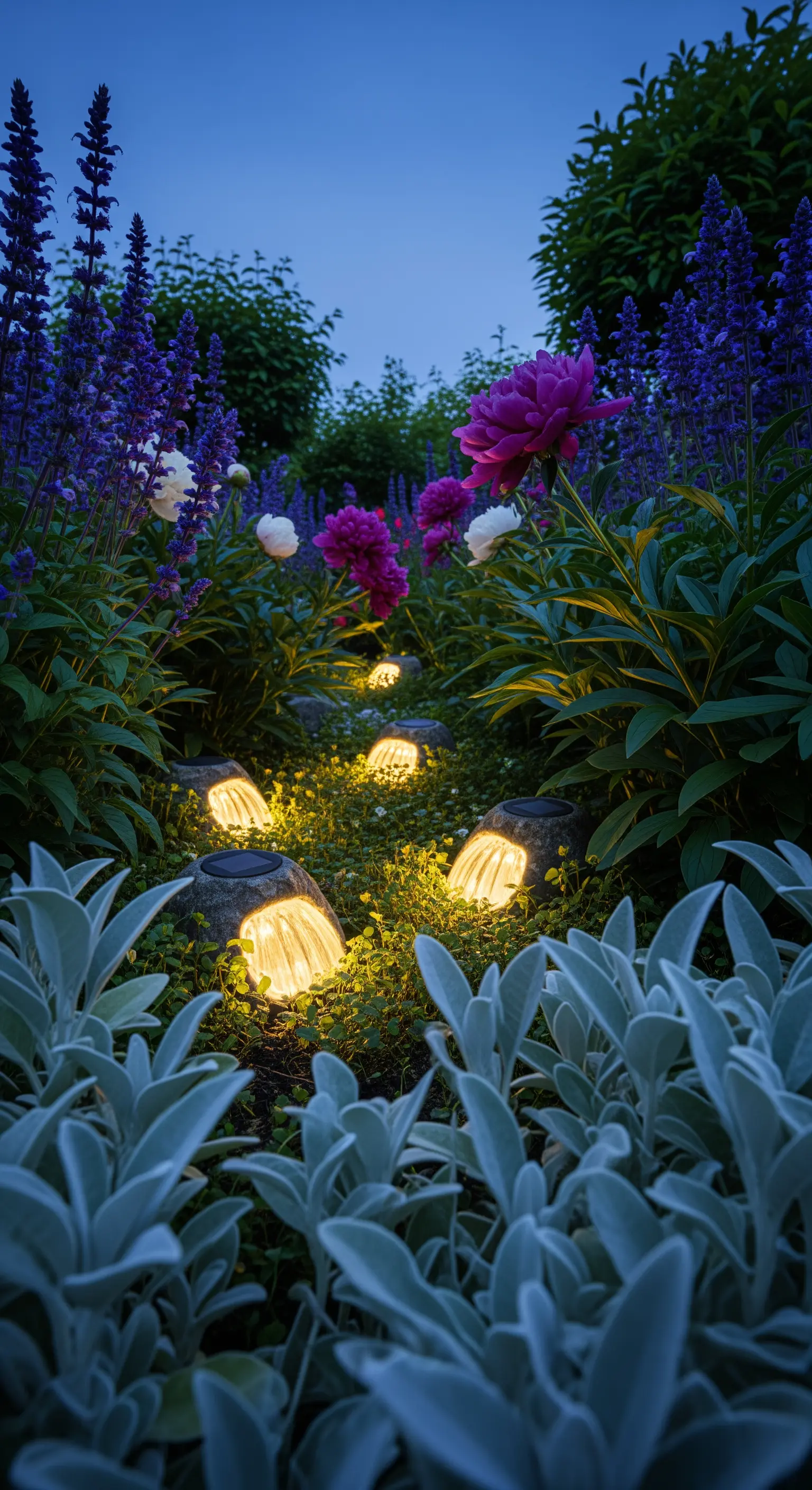 Kleine, unauffällige Solarleuchten, die zwischen Stauden und Blumen im Beet versteckt sind.